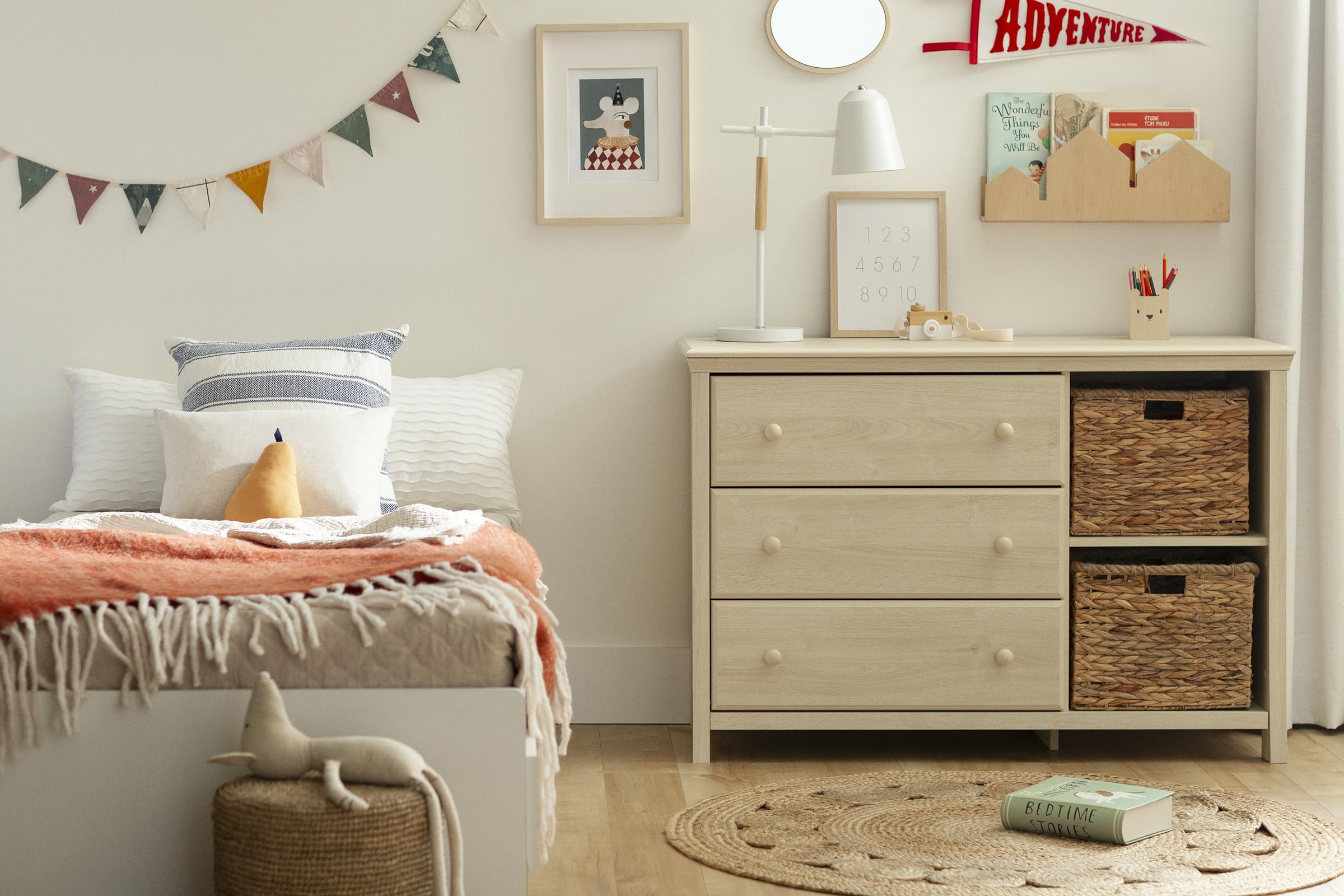 South Shore Cotton Candy 3-Drawer Dresser with Baskets Bleached Oak, Coastal