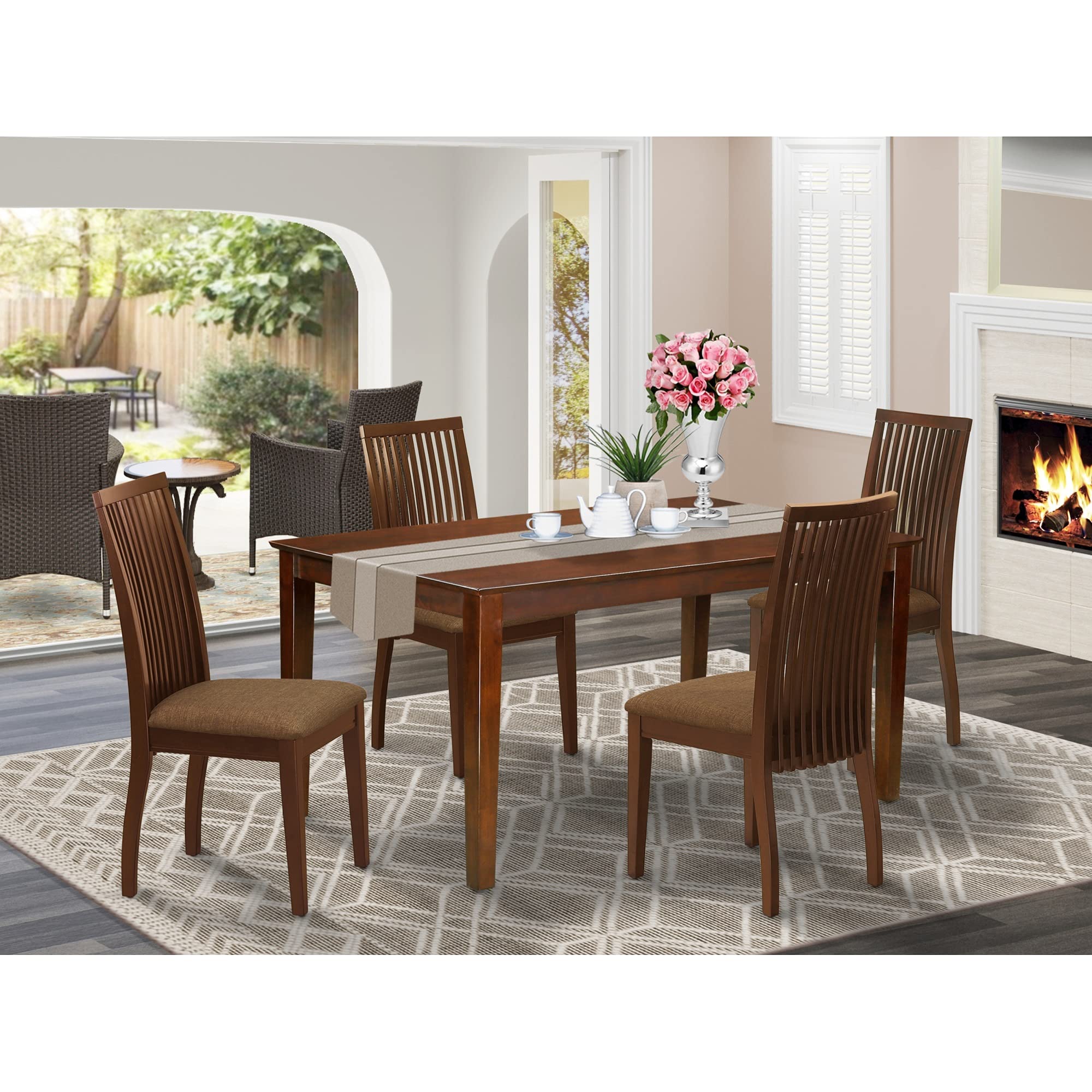 East West Furniture Caip5-Mah-C 5 Piece Kitchen Table & Chairs Set Includes A Rectangle Dining Table And 4 Linen Fabric Dining Room Chairs, 36X60 Inch, Mahogany