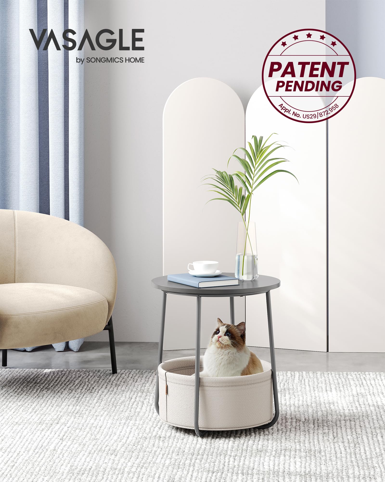 Vasagle End Table, Small Bedside Table With Fabric Basket, Modern Nightstand, Round Side Table, For Living Room, Bedroom, Cement Gray And Cream White Ulet223G49