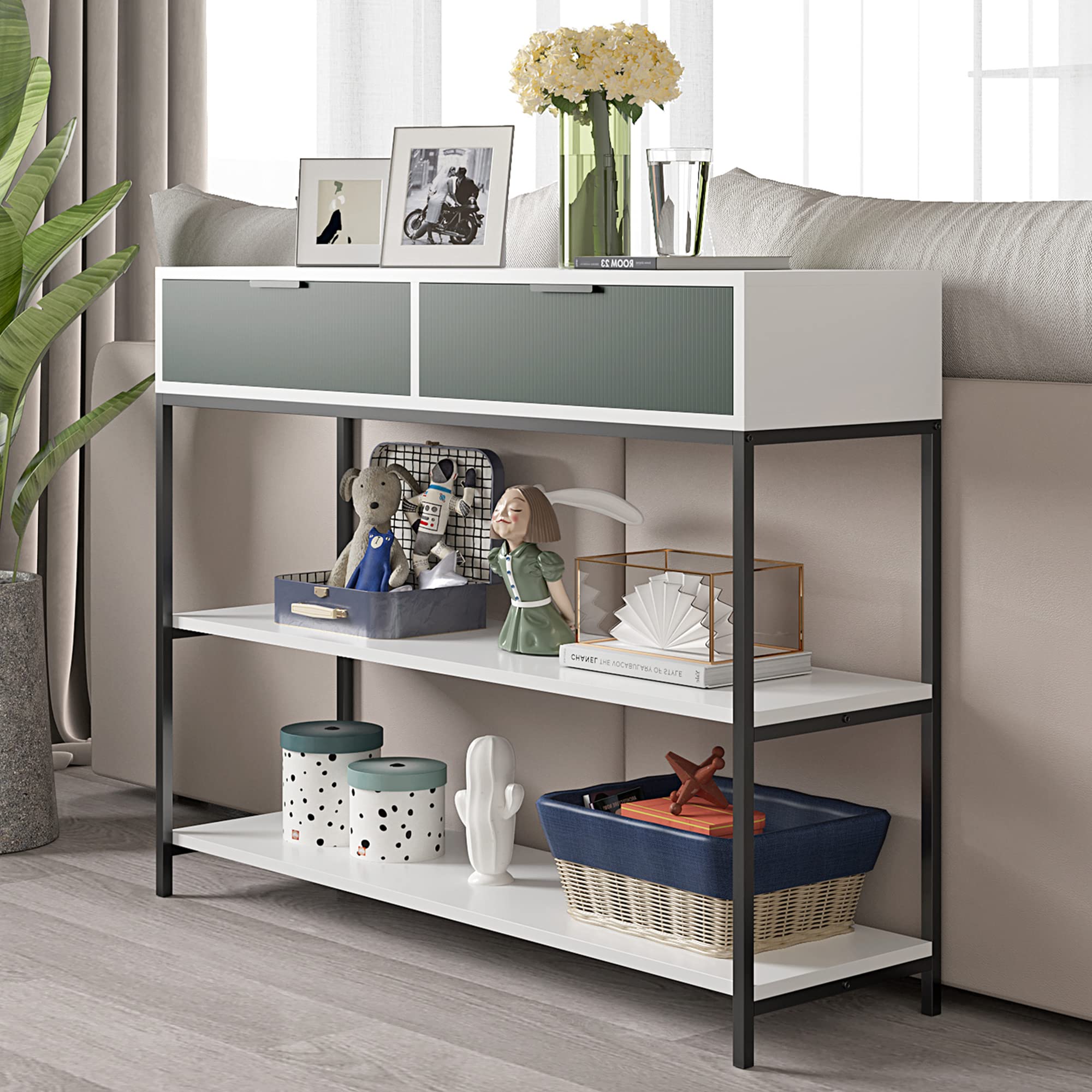 Lilola Home Louie White and Light Green Wood Console Table Steel Frame with Shelves and Drawers