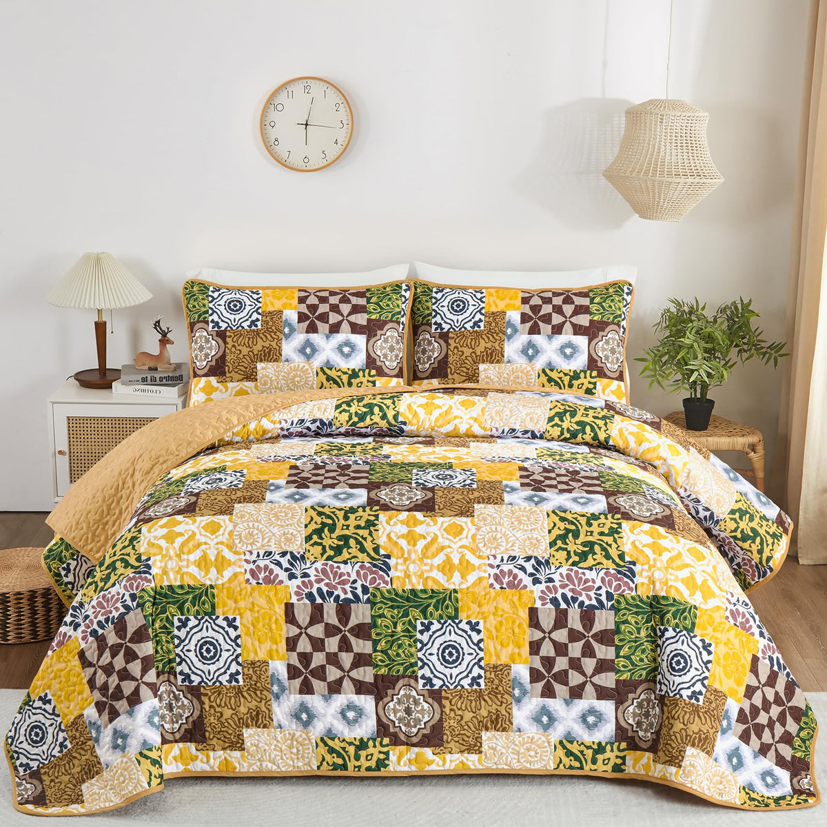 Mybedsoul Yellow Quilt Set King Size, 3 Pieces Patchwork Bedspread Set Geometric Plaid Bedspread Coverlet Set Soft Microfiber Re