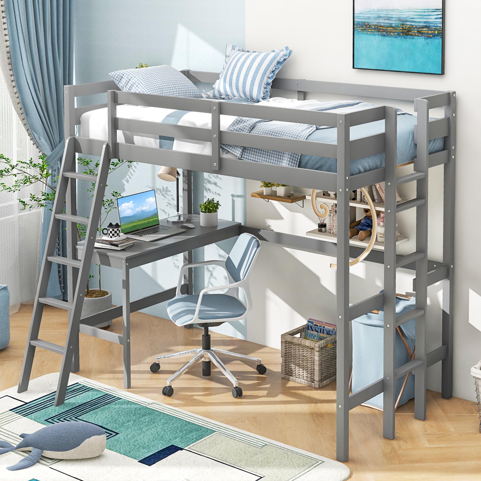 Giantex Twin Size Loft Bed with Desk, Solid Wood Loft Bed with 2 Ladders & Full Length Guardrail, Modern Space-Saving Twin Bed F