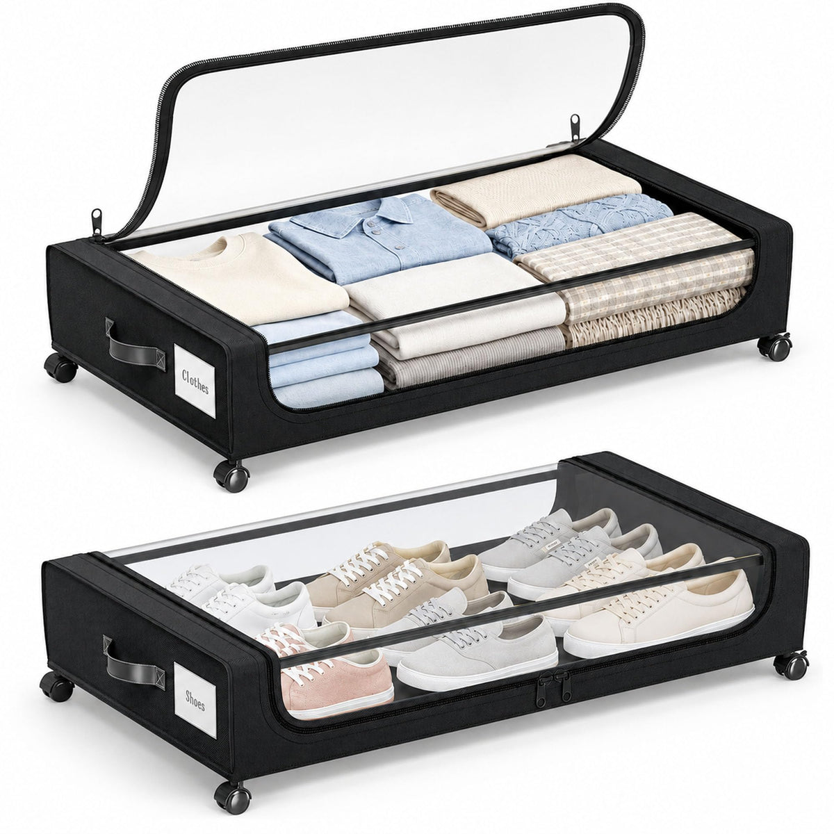 Camkey Under Bed Storage with Wheels, 2Pack 60L Bins, Low Profile, Black