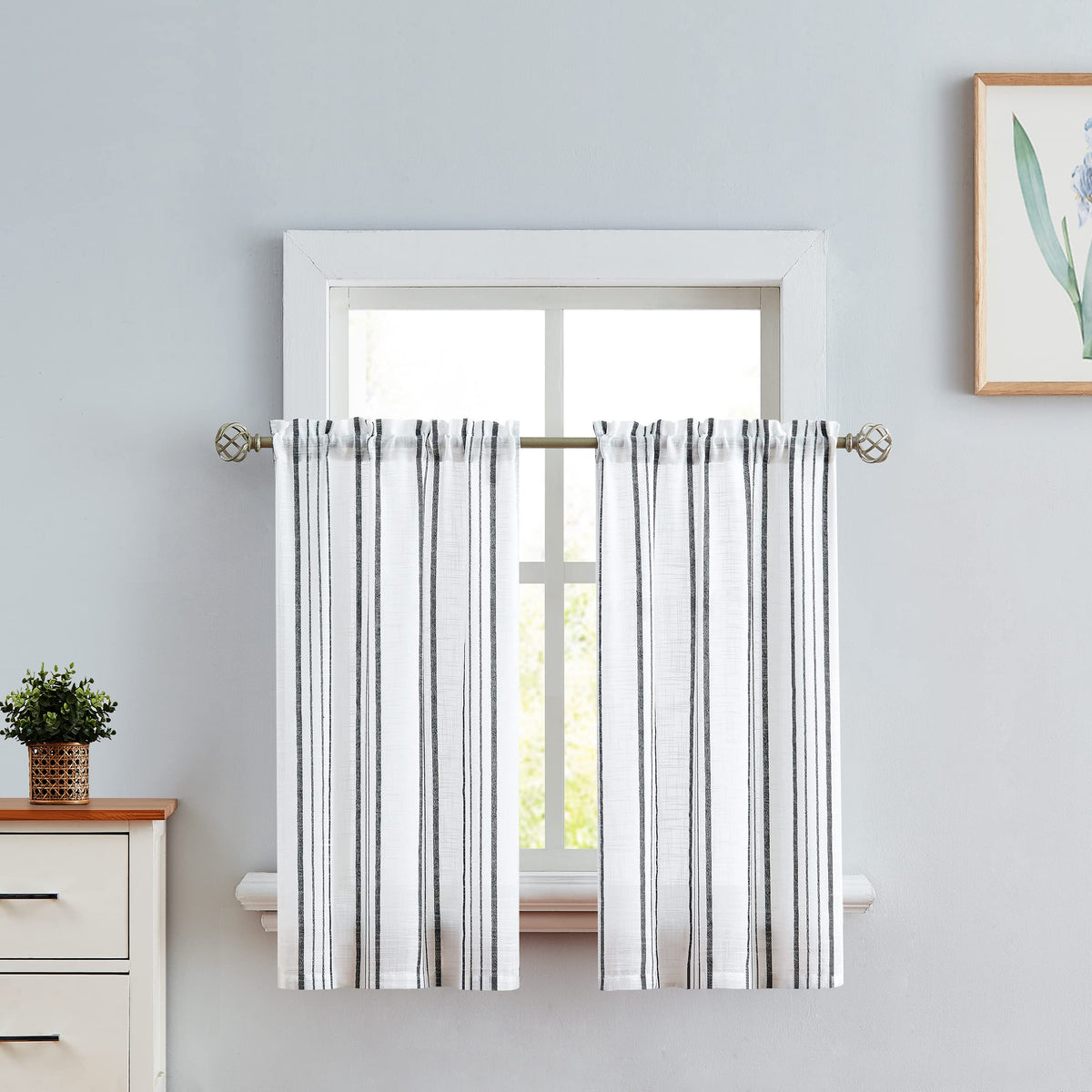 Sxzjtex Stripe Cafe Kitchen Curtain Tiers Geometric Pattern Cafe Curtains 36 Inch Length, White And Black Linen Textured Pinstri