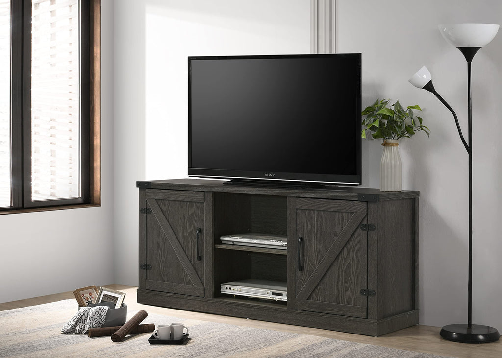 Lilola Home Salma Dark Gray 58" Wide TV Stand with 2 Open Shelves and 2 Cabinets