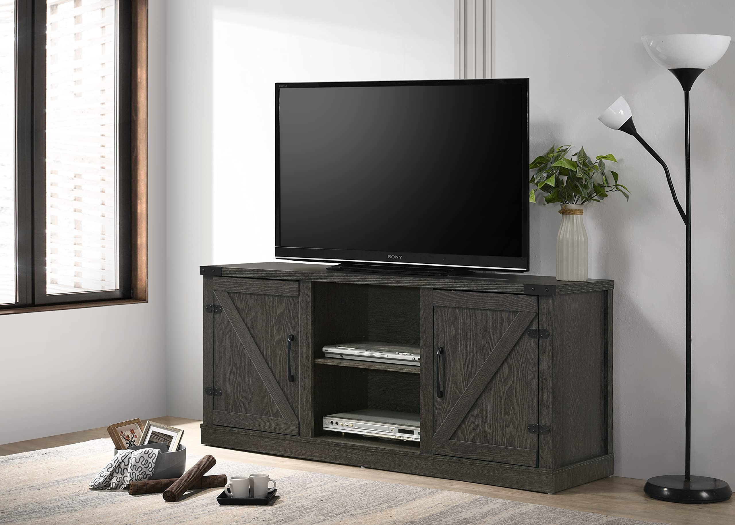 Lilola Home Salma Dark Gray 58" Wide TV Stand with 2 Open Shelves and 2 Cabinets