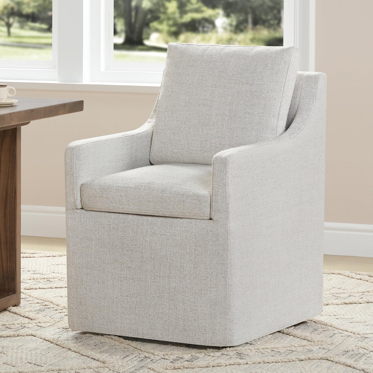 Kislot Upholstered Dining Chair With Casters Easy Assembly Side Deskchair With Rollers For Diningroom Living Room,Linen,1 Box