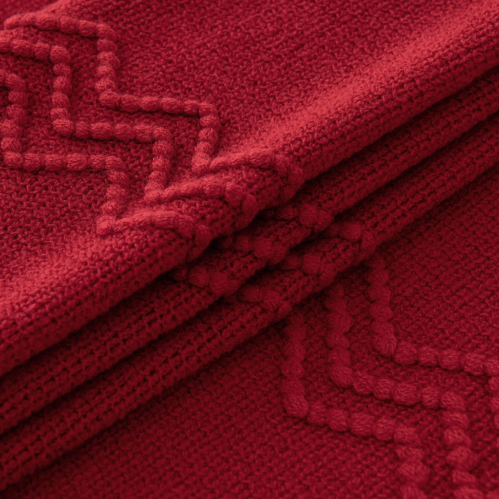 Miulee Christmas Burgundy Red Knitted Throw Blanket For Couch Textured Knit Blanket With Tassels Cozy Woven Boho Bed Blanket For Sofa Bed Chair Acrylic Wave Pattern Decor 60'X80'