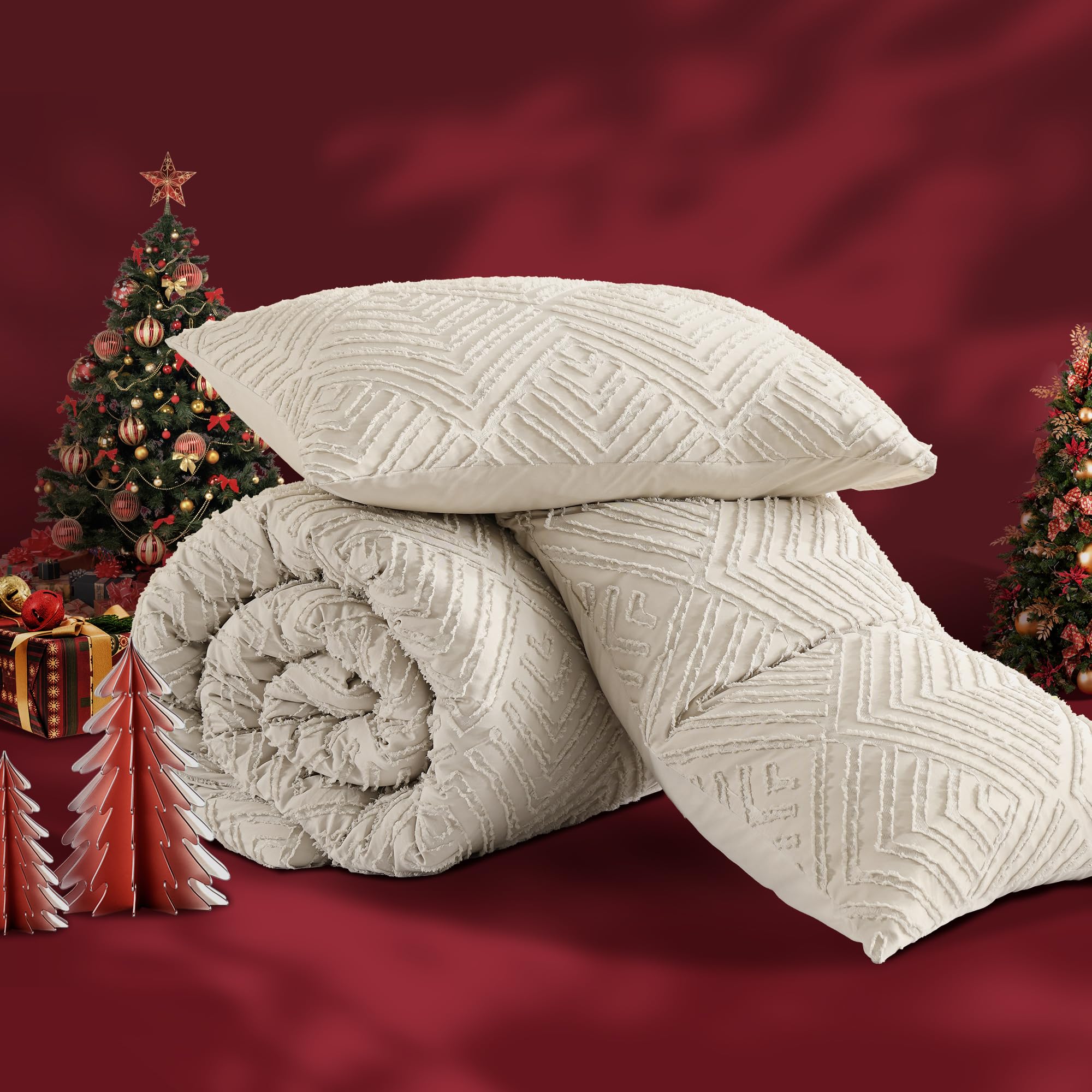 Andency Oatmeal Queen Comforter Set, Lightweight Fluffy Boho Bedding Comforter Set, 3 Pieces Tufted Farmhouse Shabby Chic Bed Set For All Seasons (1 Comforter 90X90In, 2 Pillowcases)