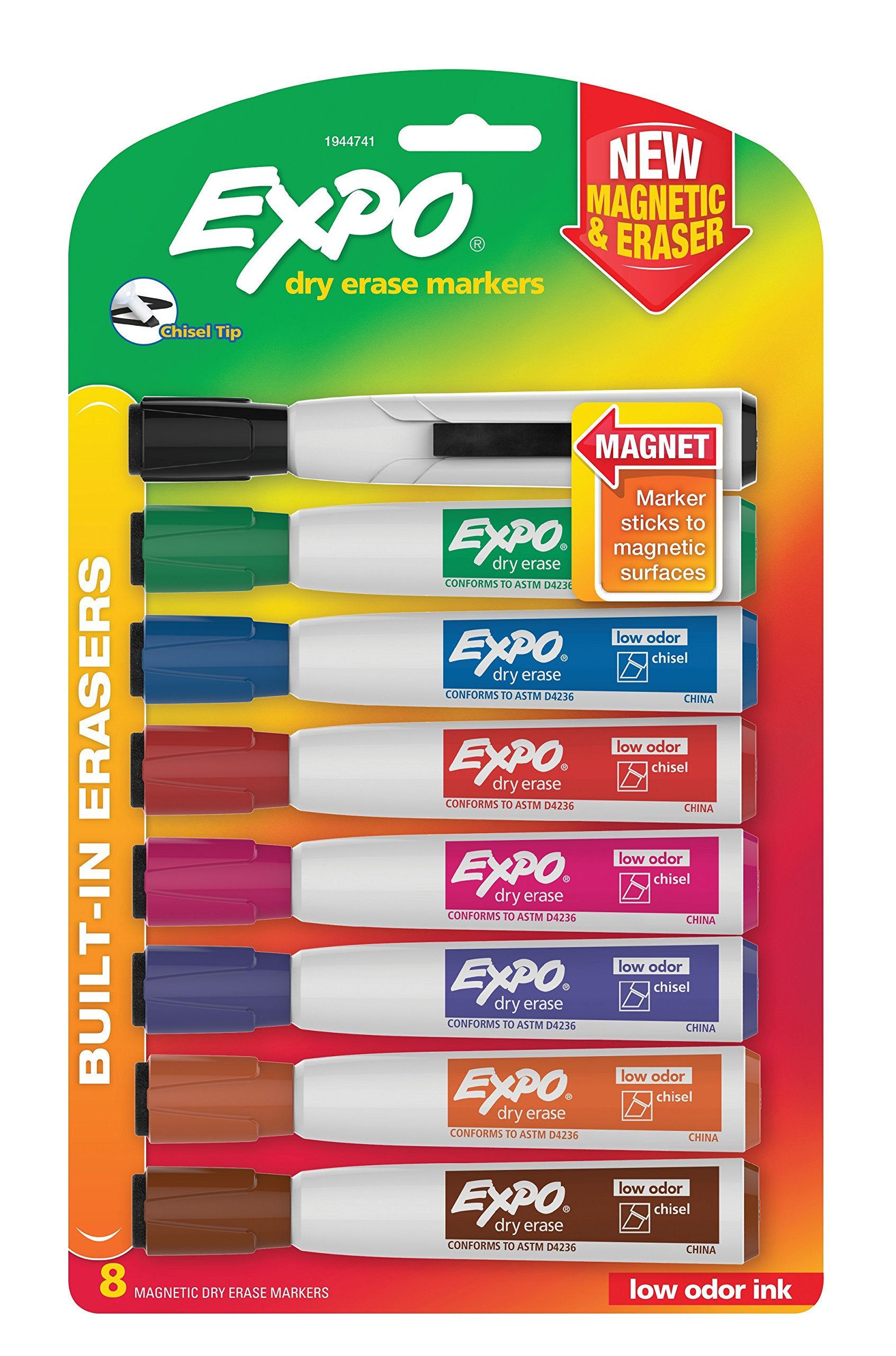 Expo Magnetic Dry Erase Markers With Eraser, Chisel Tip, Assorted, 8 Count
