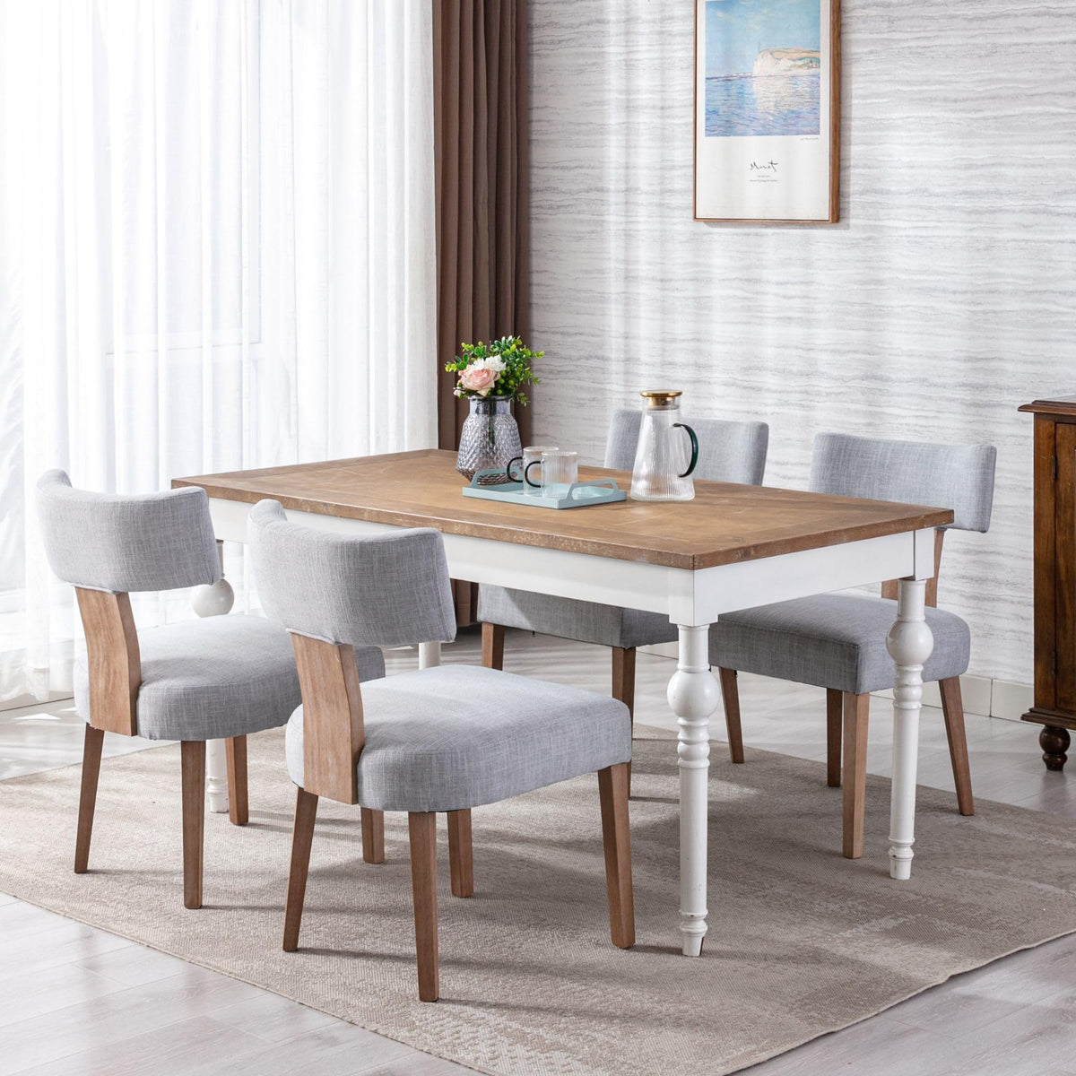 Wahson Farmhouse Kitchen & Dining Room Chairs Set Of 4, Retro Linen Upholstered Dining Chair With Hardwood Legs, Grey