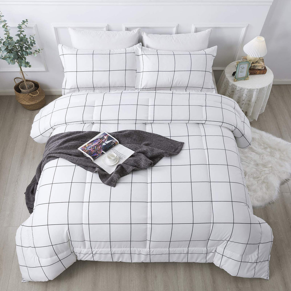 Andency White Grid Comforter Set Twin(66x90Inch), 2 Pieces (1 Plaid Comforter and 1 Pillowcase) White Plaid Comforter Set, Light