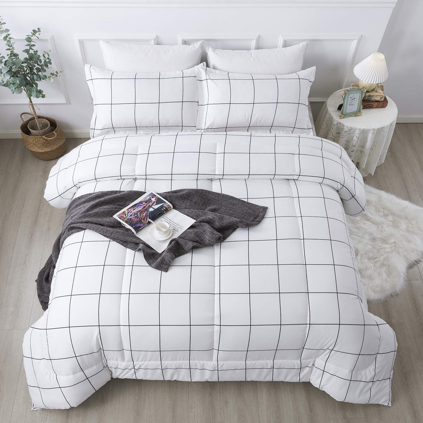 Andency White Grid Comforter Set Full(79X90Inch), 3 Pieces (1 Plaid Comforter And 2 Pillowcases) White Plaid Comforter Set, Ligh