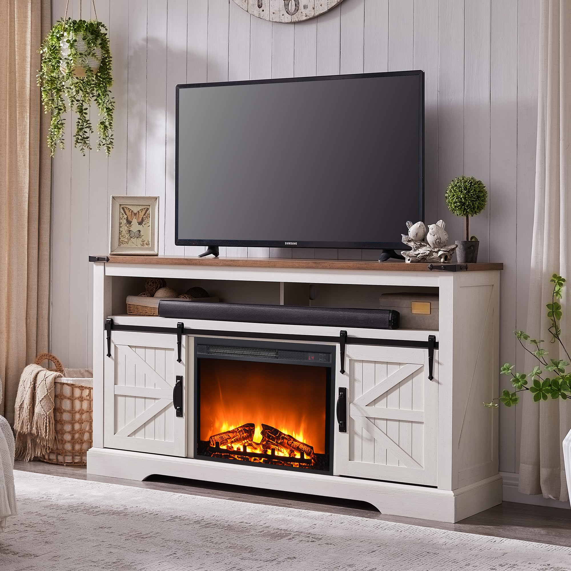OKD Fireplace TV Stand for 65+ Inch TV, 33 Tall Highboy Farmhouse Entertainment Center w/ 23 Electric Fireplace, Rustic Media 