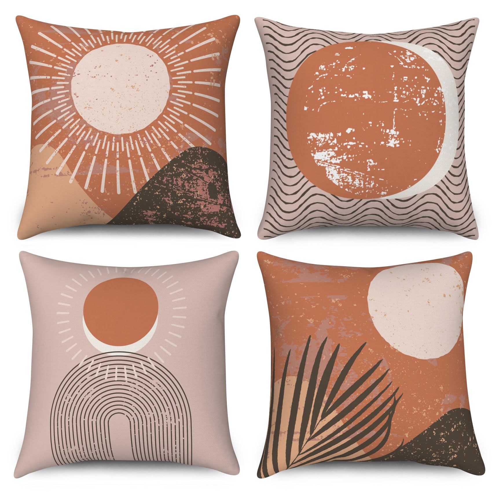 Ruelvth Boho Pillow Covers 18X18 Inch, Abstract Sunrise Throw Pillow Covers Terracotta And Beige Linen Pillow Cases For Sofa Cou