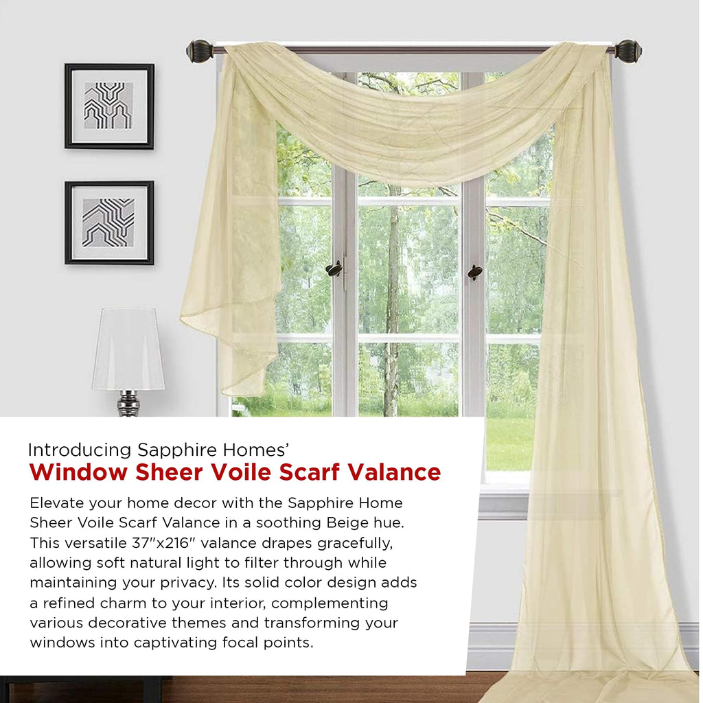 Sapphire Home Window Scarf Valance Curtains - Extra Long Sheer Valances For Windows - Voile Swag Curtains For Living Room, Kitch