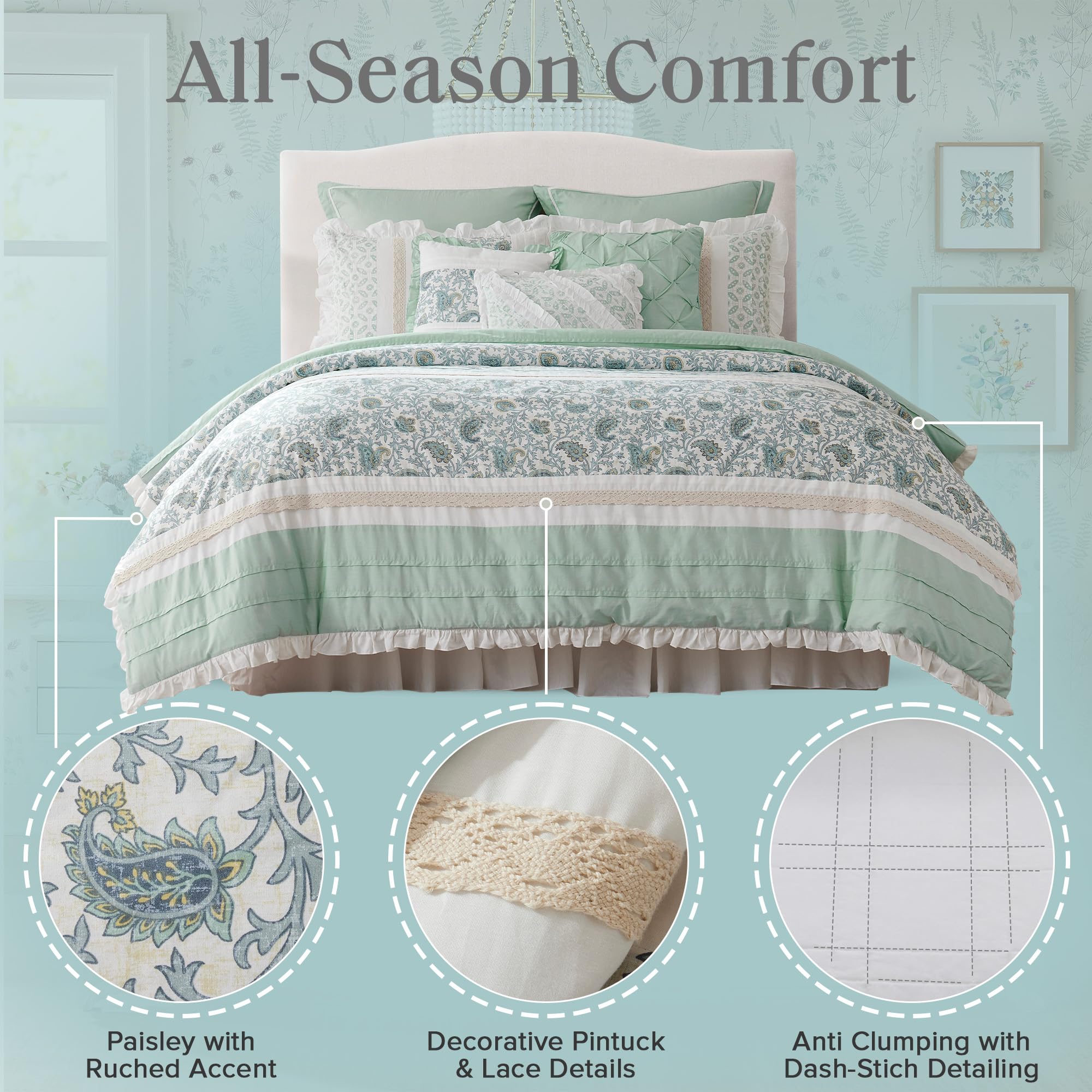 Madison Park Dawn 100% Cotton Shabby Chic Comforter Set-Modern Cottage Design All Season Down Alternative Bedding, Matching Shams, Bedskirt, Decorative Pillows, King(104'X92'), Aqua 9 Piece