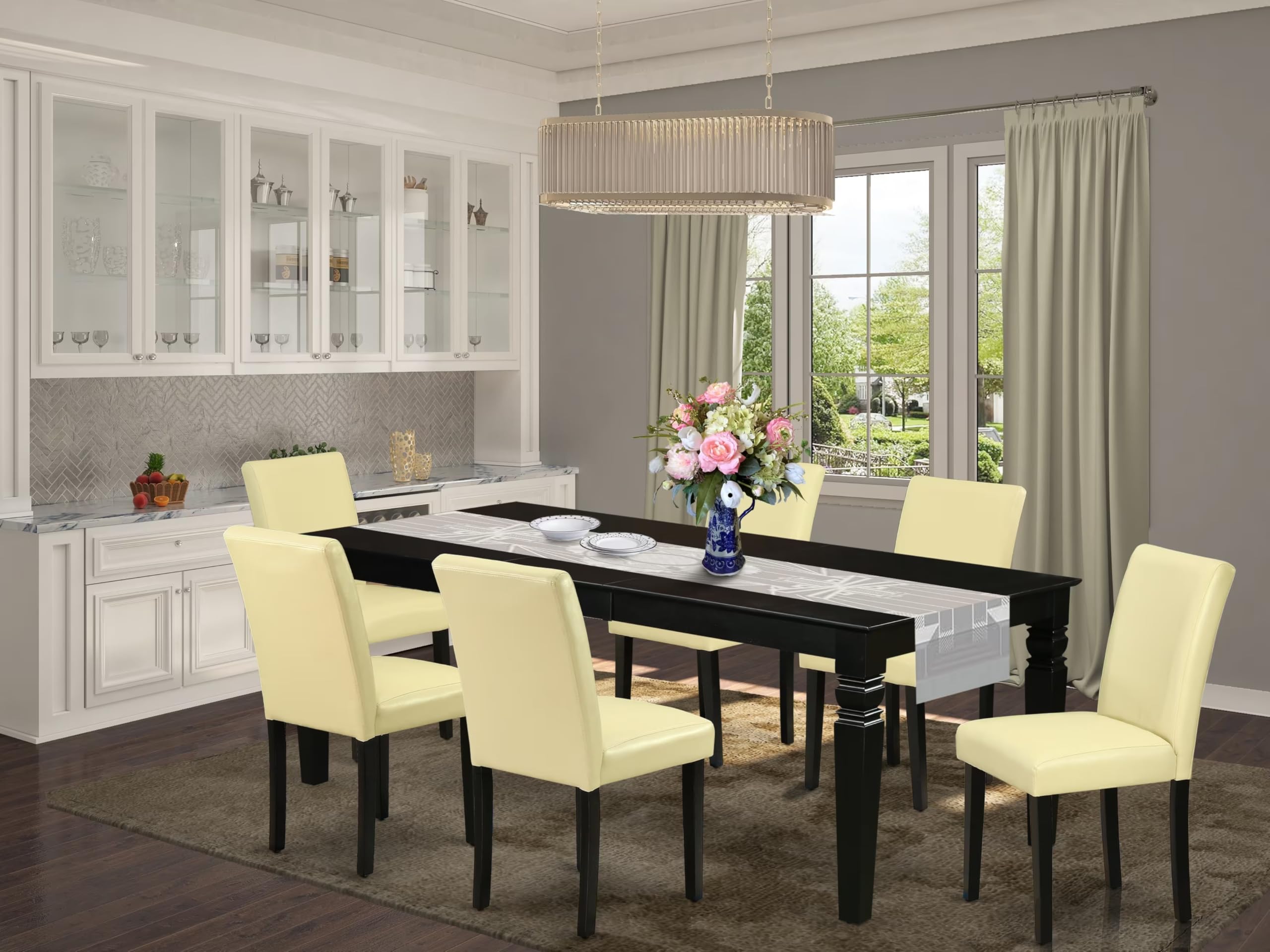 East West Furniture Lgab7-Blk-73 7 Piece Dining Set Consist Of A Rectangle Dining Room Table With Butterfly Leaf And 6 Eggnog Faux Leather Upholstered Chairs, 42X84 Inch, Black