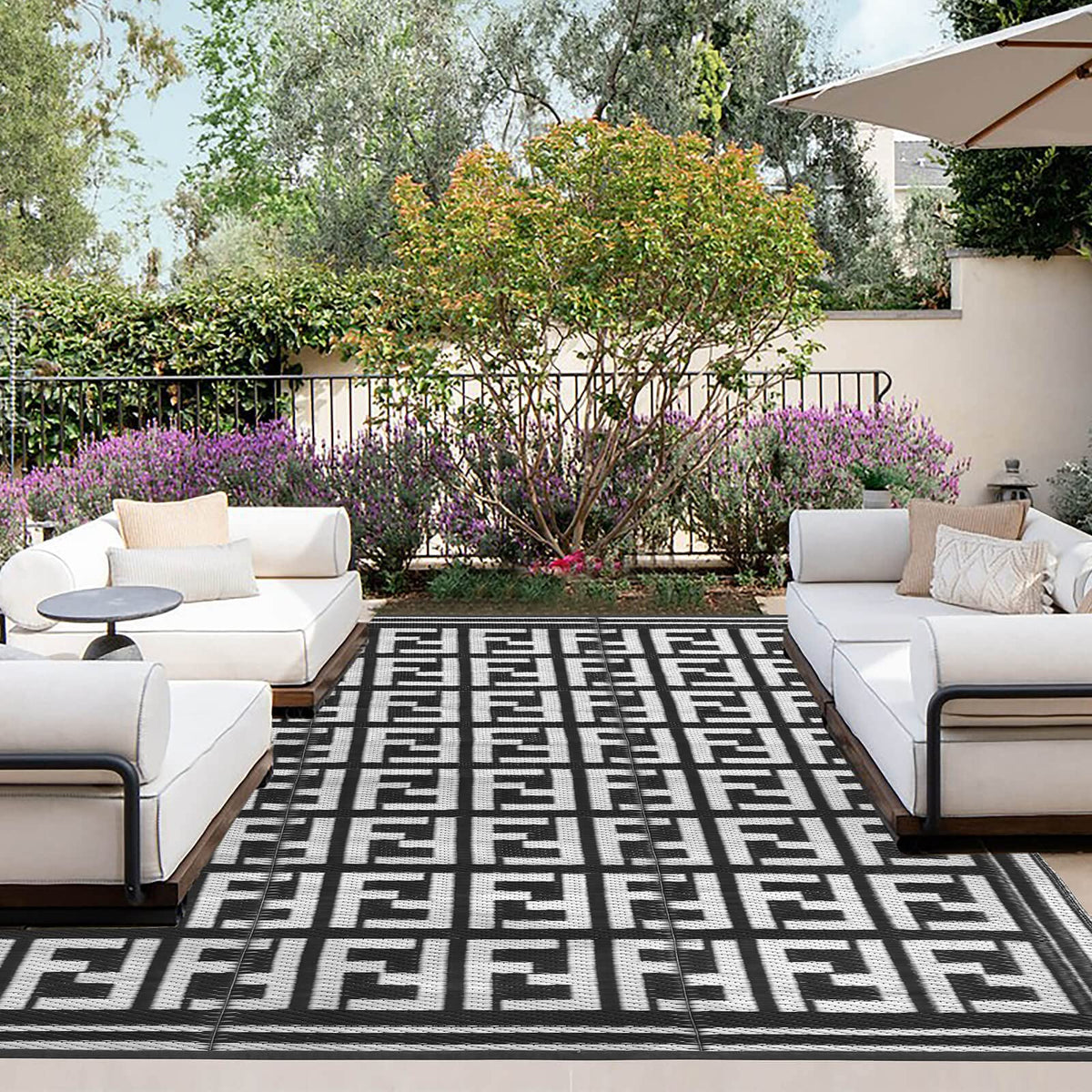 Outdoorlines Outdoor Area Rugs For Patio 9X12 Ft - Reversible Outside Carpet, Stain & Uv Resistant Rv Mats, Plastic Straw Rug For Camping, Deck Garden, Porch And Balcony, Geometry Teal & Light Grey