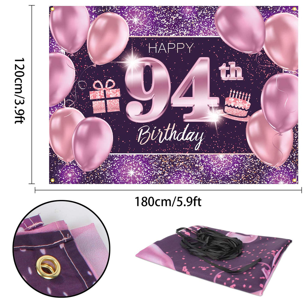 PAKBOOM 94th Birthday Banner Backdrop - Pink Purple Gold 4 x 6ft Polyester