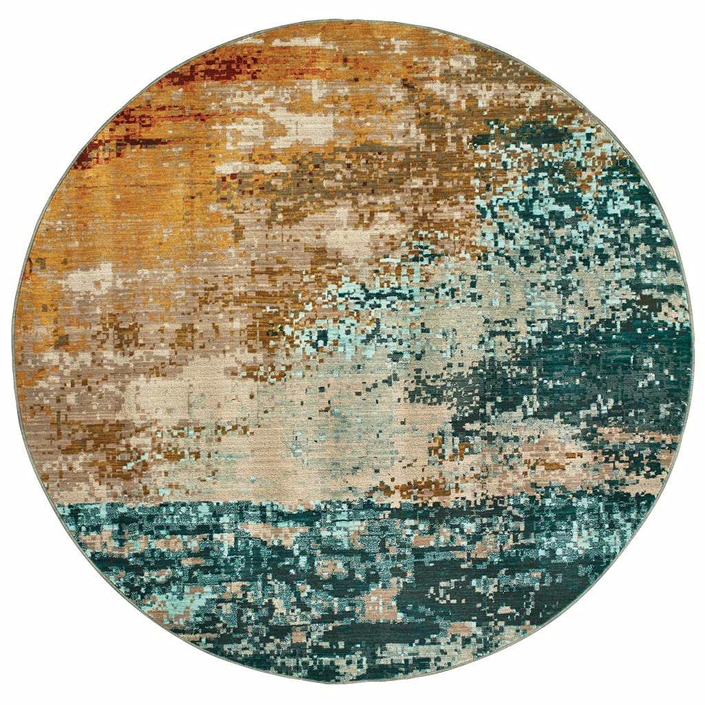 HomeRoots Nylon, Polypropylene 8’ Round Blue and Red Distressed Area Rug