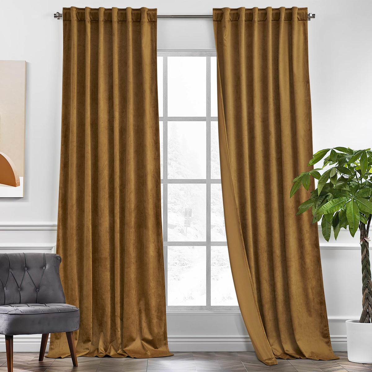 Kgorge Gold Brown Velvet Curtains 96 Inches 2 Panels, Velvet Blackout Curtains For Bedroom Living Room, Soft Darkening Thermal I