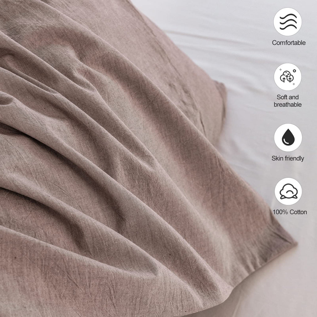 Moomee Bedding Pillowcases Pack Of 2 100% Washed Cotton Linen Like Textured Breathable Durable Soft Comfy (Mauve Brown, Standard