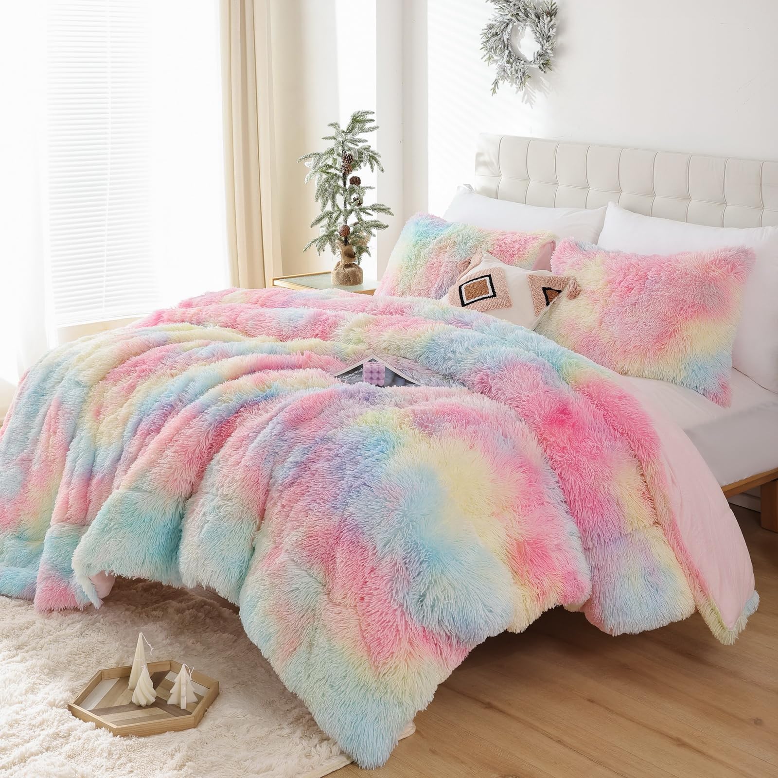 Smoofy Faux Fur Rainbow Comforter Set Queen Size 3Pcs Tie Dye Colorful Fluffy Fuzzy Plush Comforter Set Cute Soft Shaggy Velvet