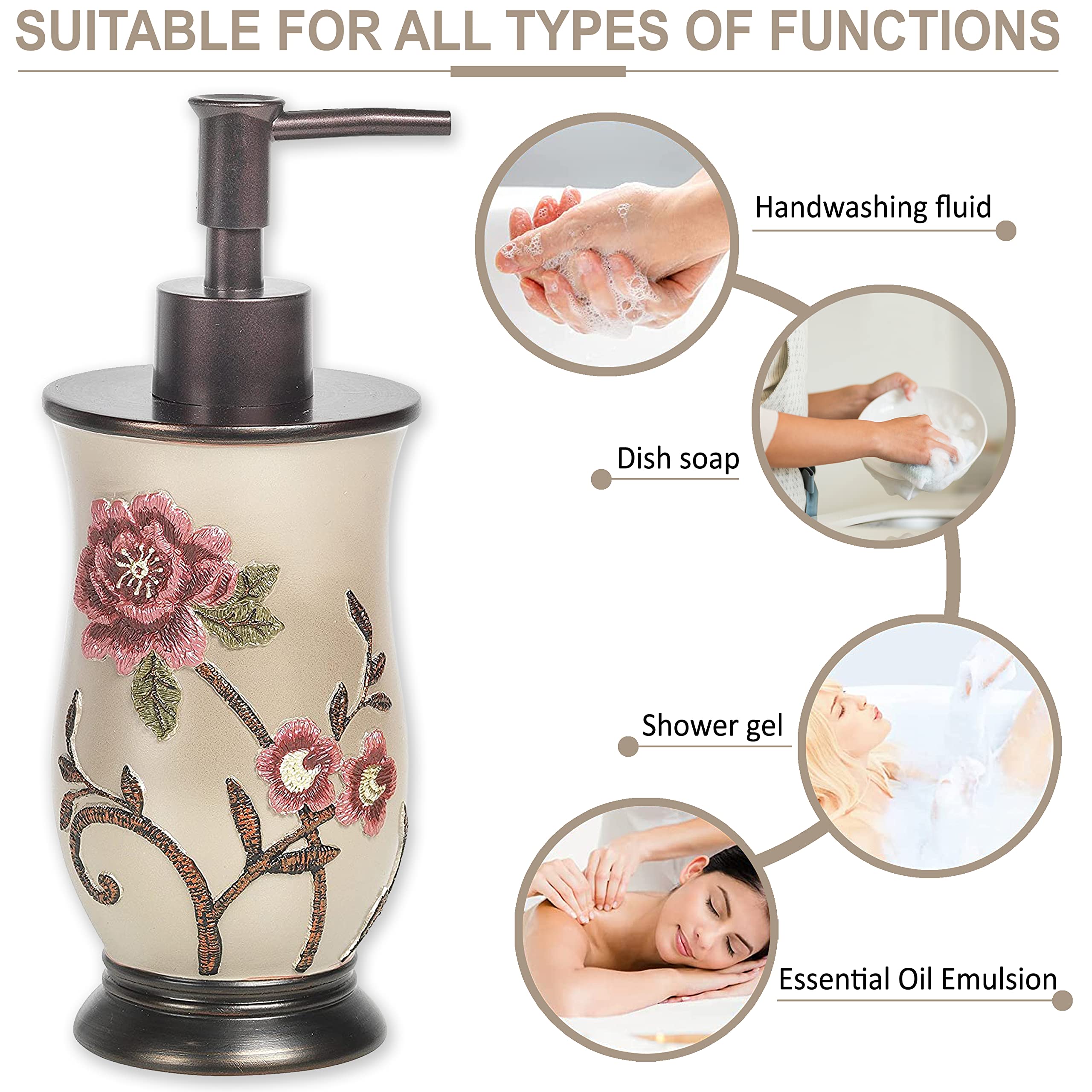 Popular Bath Soap Dispenser/Lotion Pump, Larrisa Collection, Rose Design , Brown