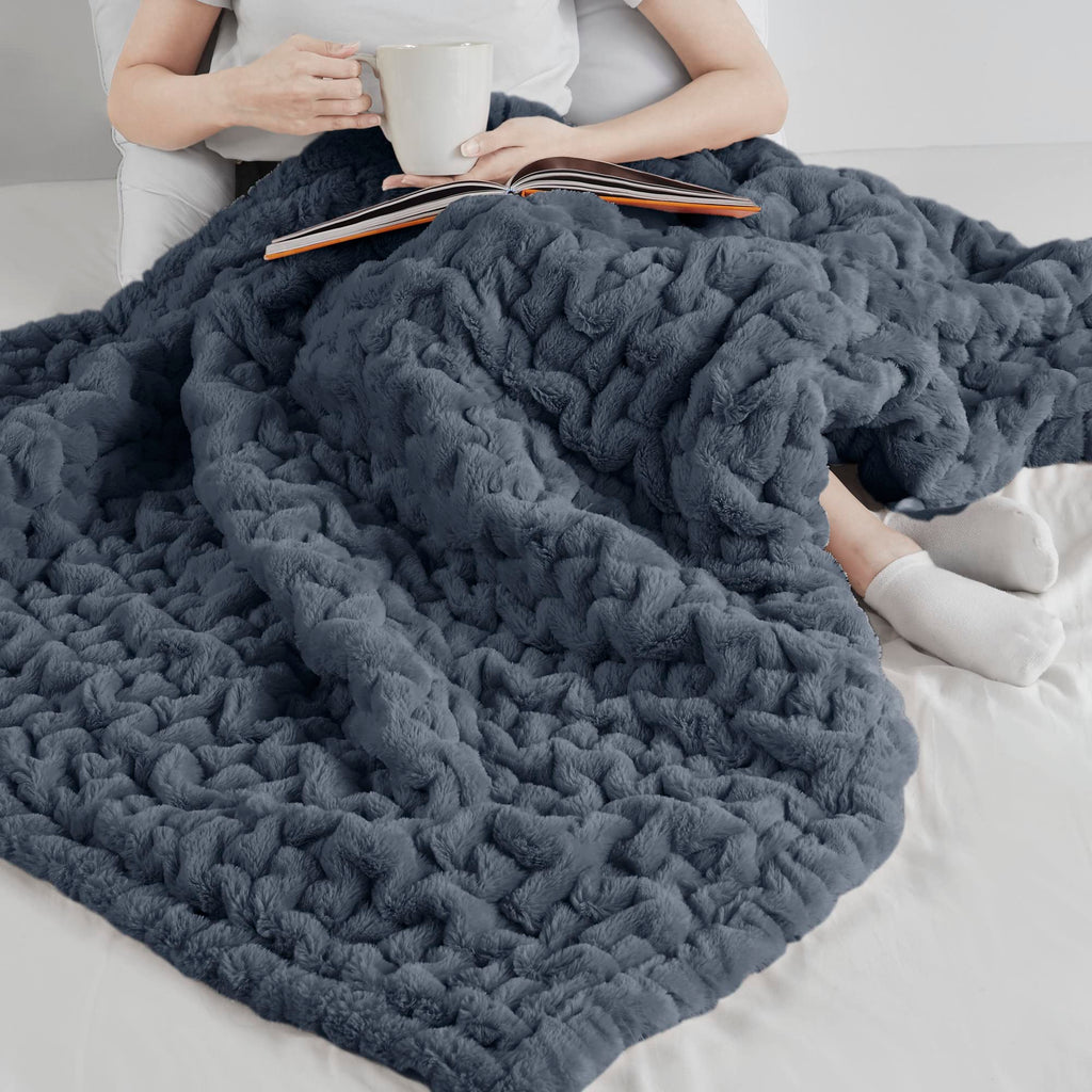 Madison Park Ruched Luxury Throw Premium Soft Cozy Brushed Long Faux Fur For Bed, Couch Or Sofa, 50''X60'', Slate Blue