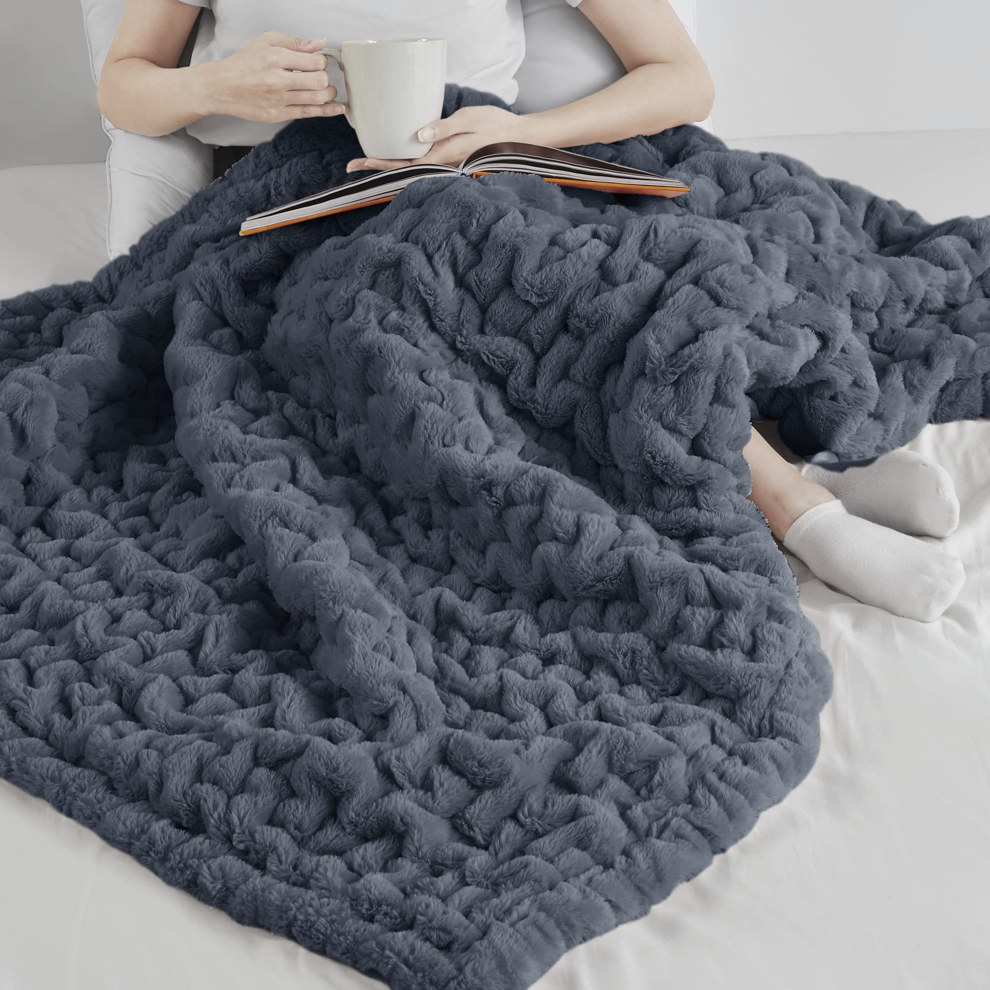 Madison Park Ruched Luxury Throw Premium Soft Cozy Brushed Long Faux Fur For Bed, Couch Or Sofa, 50''X60'', Slate Blue