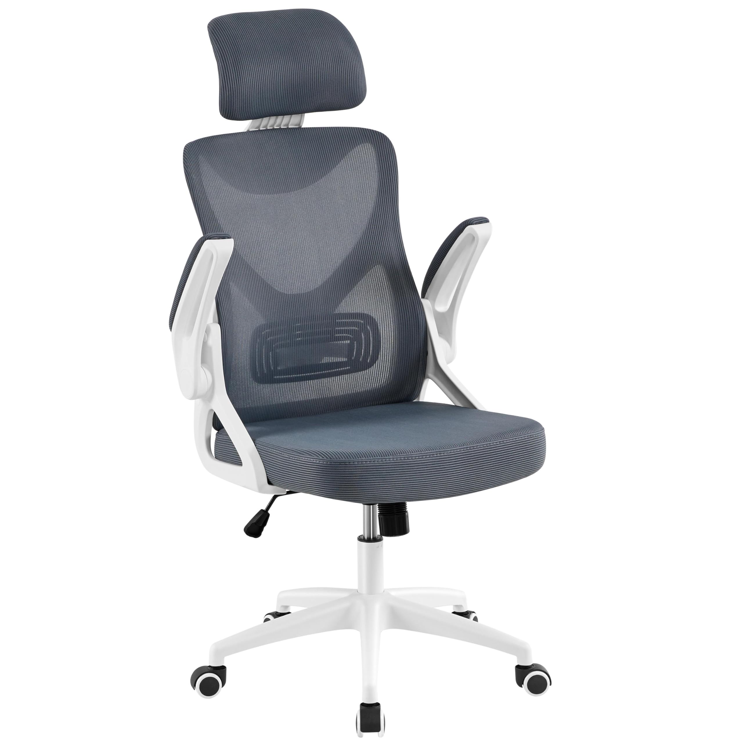 Yaheetech Ergonomic Mesh Office Chair, High Back Desk Chair With With Flip-Up Armrests, Adjustable Padded Headrest Computer Chair With Lumbar Support For Home Oiffce Game Room, White/Gray