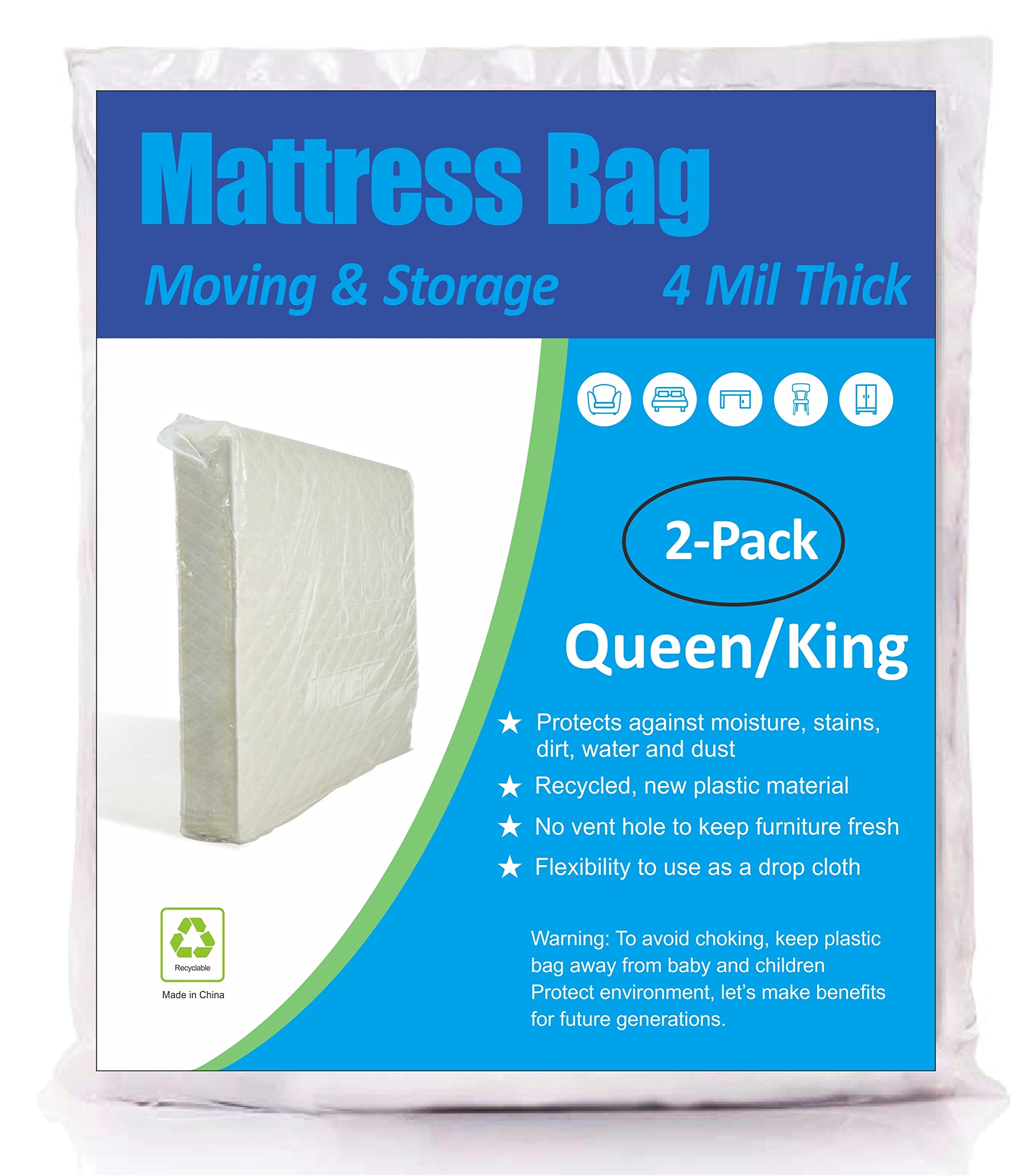 Comforthome Mattress Bag For Moving And Storage, 4 Mil Extra Thick, Queen And King Size, 2 Pack