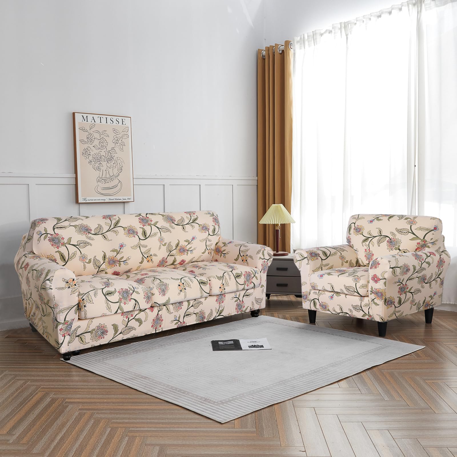 Searchi Stretch Sofa Cover Printed Couch Cover, Floral Pattern 4 Pieces Sofa Slipcover With 3 Separate Cushion Cover, Washable Furniture Protector For Living Room(Sofa, Yellow+Flower)