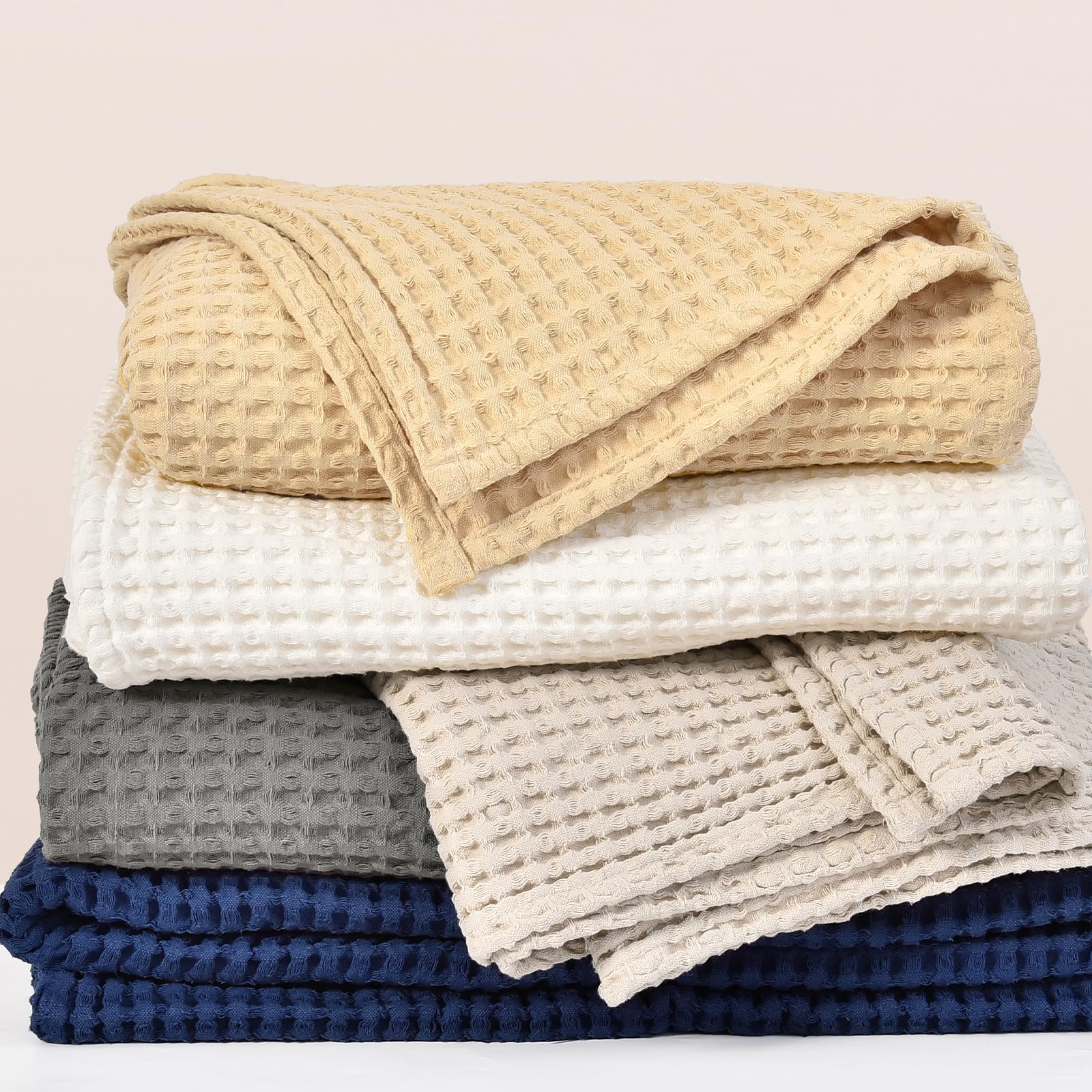Phf 480Gsm 100% Washed Cotton Waffle Weave Blanket, Cozy Breathable Skin-Friendly Throw Queen Size For All Season, Luxury Fall L