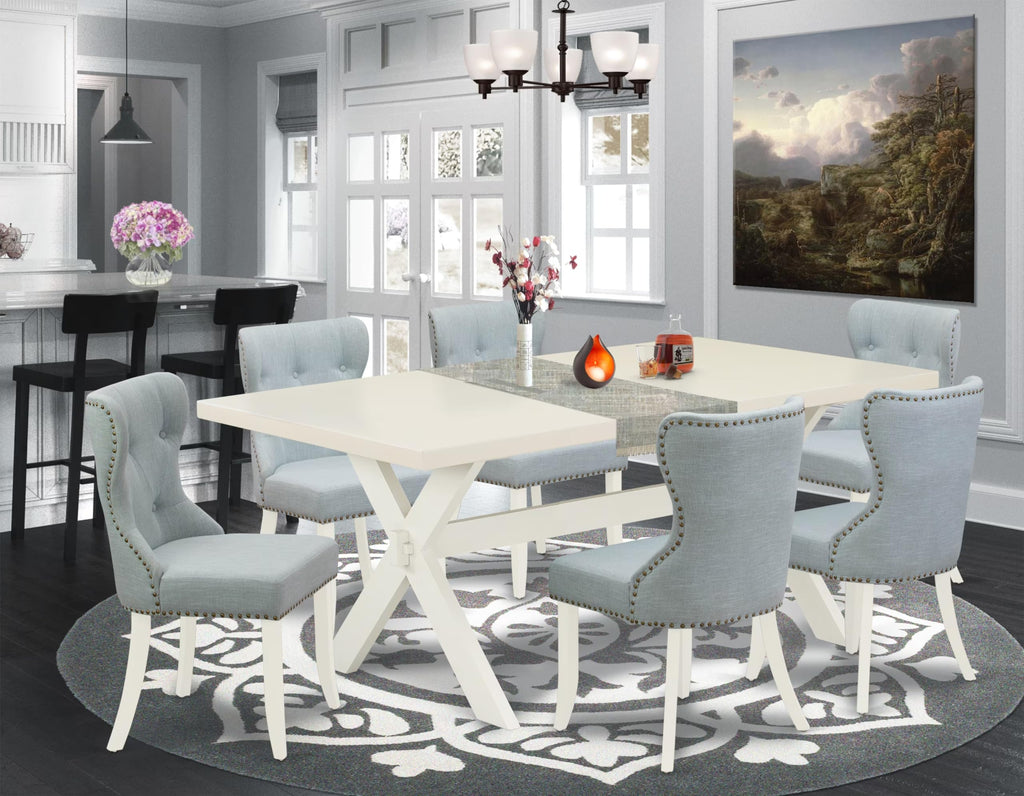 East West Furniture X027Si215-7 7 Piece Dining Table Set Consist Of A Rectangle Kitchen Table With X-Legs And 6 Baby Blue Linen Fabric Parson Dining Room Chairs, 40X72 Inch, Multi-Color