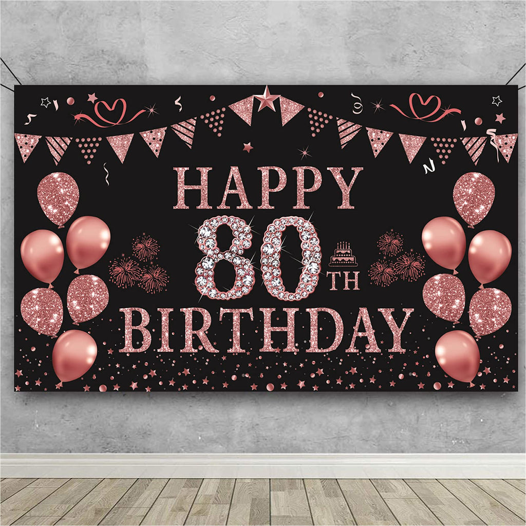 Trgowaul 80th Birthday Decorations for Women Rose Gold Birthday Backdrop Banner 5.9 X 3.6 Fts Happy 80th Birthday Party Suppiles