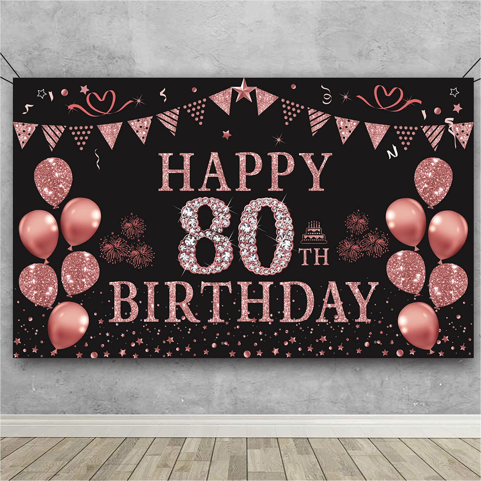 Trgowaul 80th Birthday Decorations for Women Rose Gold Birthday Backdrop Banner 5.9 X 3.6 Fts Happy 80th Birthday Party Suppiles
