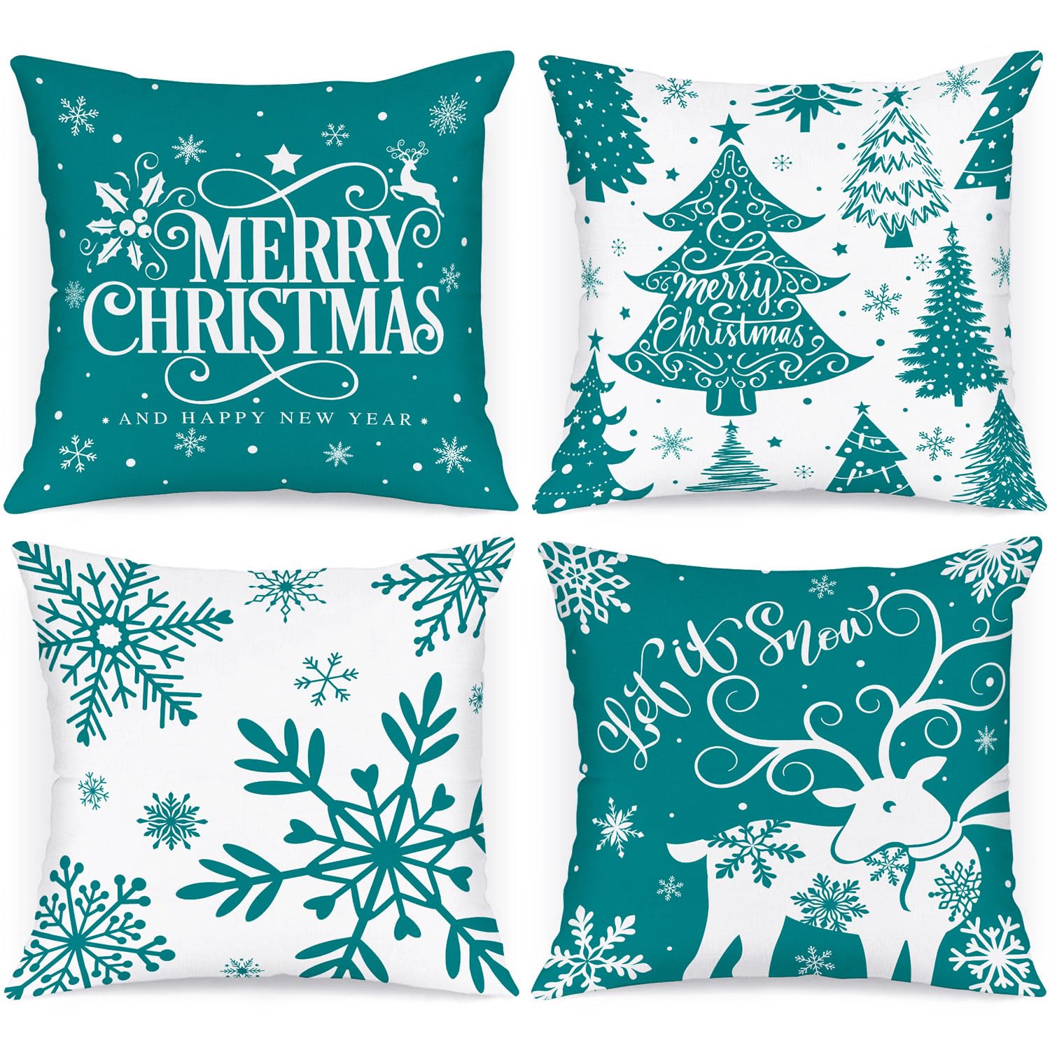 Lanpn White And Teal 18X18 Christmas Pillow Covers Set Of 4, Decorative 18 Inch Winter Snowflake Throw Pillow Case Xmas Cushion