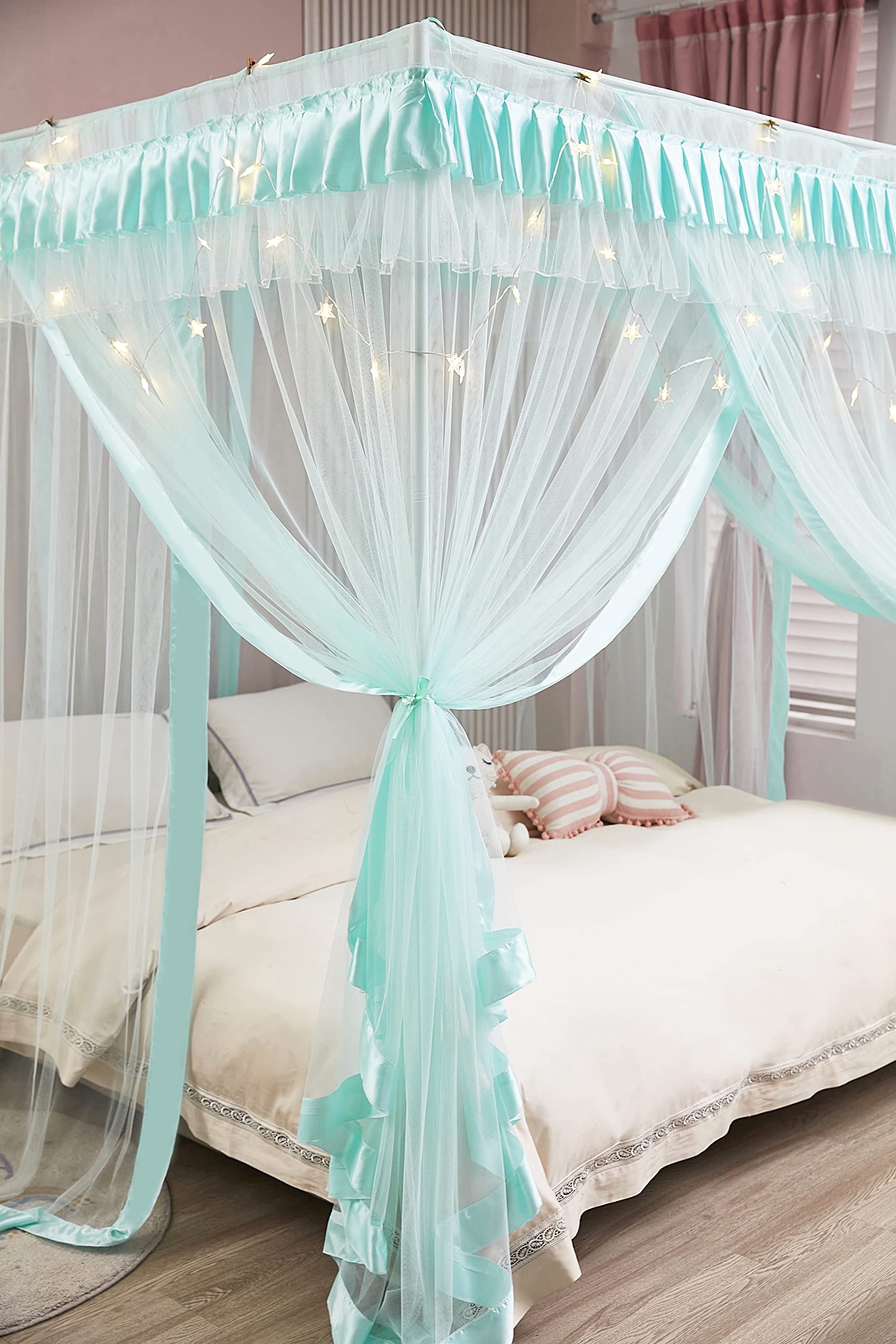 Mengersi 4 Corners Post Canopy Bed Curtains For Girls,Bed Canopy Royal Luxurious Cozy Drape Netting - Cute Princess Bedroom Deco