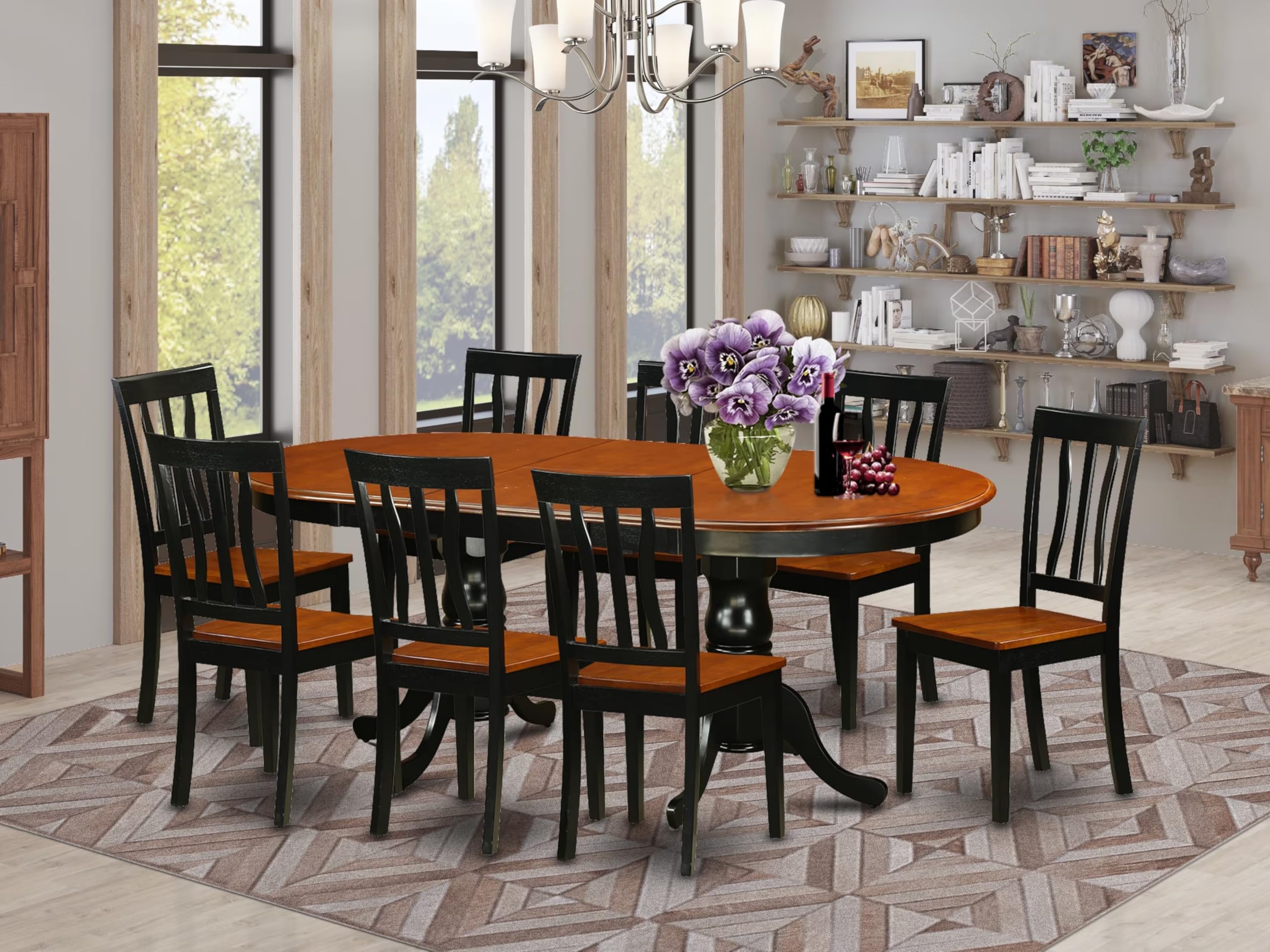 East West Furniture PLAN9-BCH-W 9 Piece Dining Table Set Includes an Oval Dining Room Table with Butterfly Leaf and 8 Wood Seat Chairs, 42x78 Inch, Black & Cherry