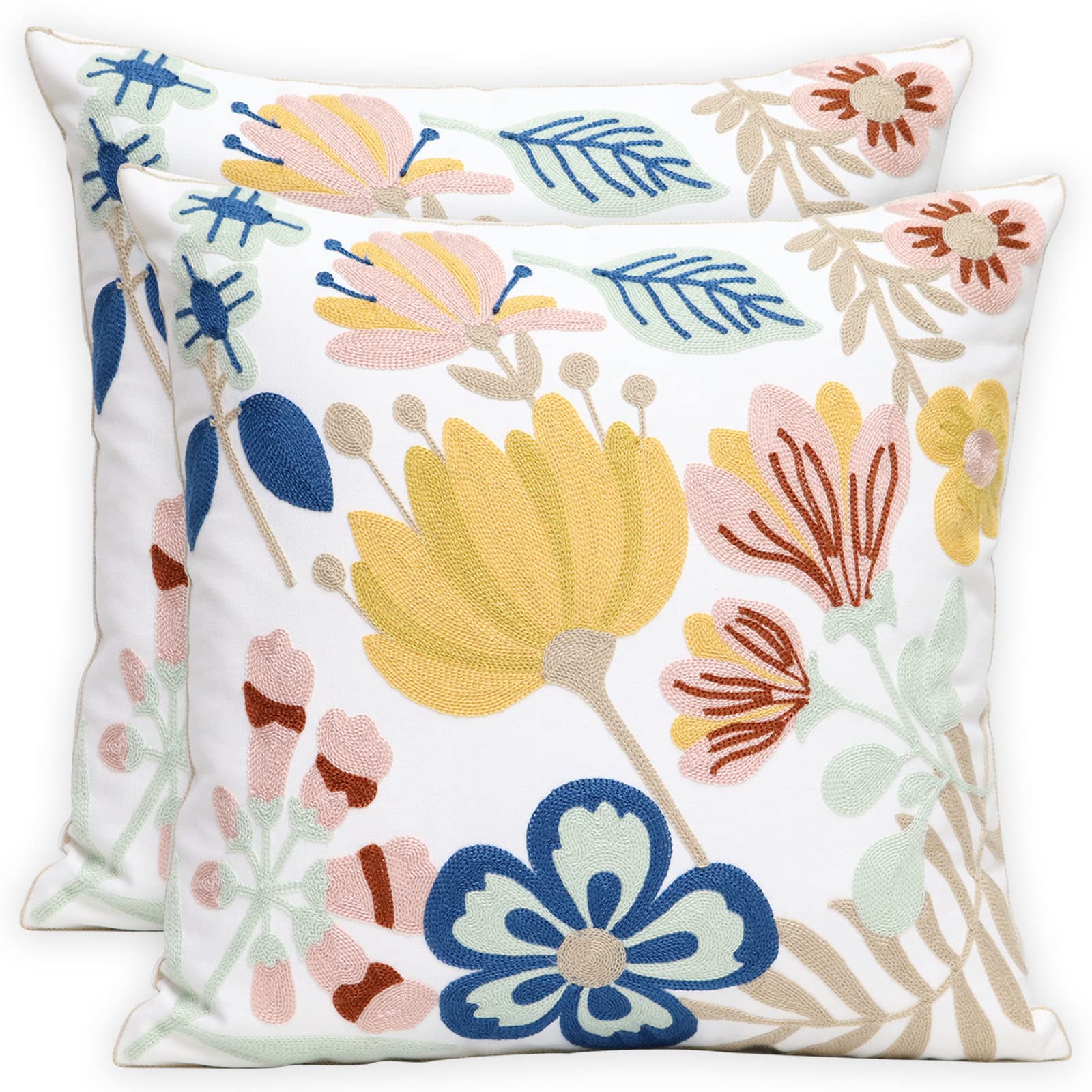 Pilmandu Pack Of 2 Embroidered Decorative Throw Pillow Cover 18X18 Inch Farmhouse Floral Pillowcase For Living Room Sofa Bed (Fl
