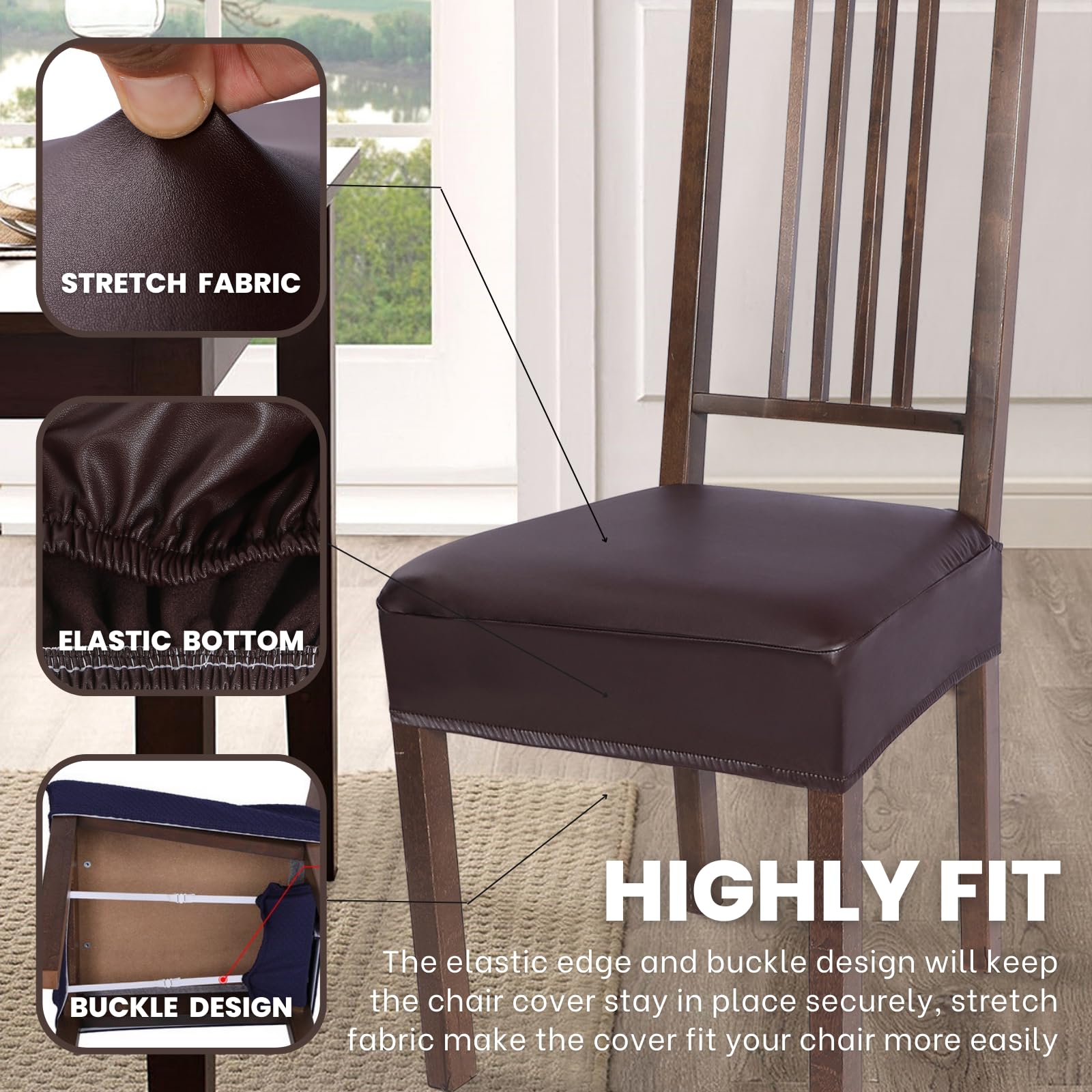 Searchi Waterproof Pu Dining Chair Seat Covers Set Of 6, Soft Removable Washable Seat Covers For Dining Chairs, Dining Room Seat Cover Slipcover Protector (Rear-Covered, Pu Brown)