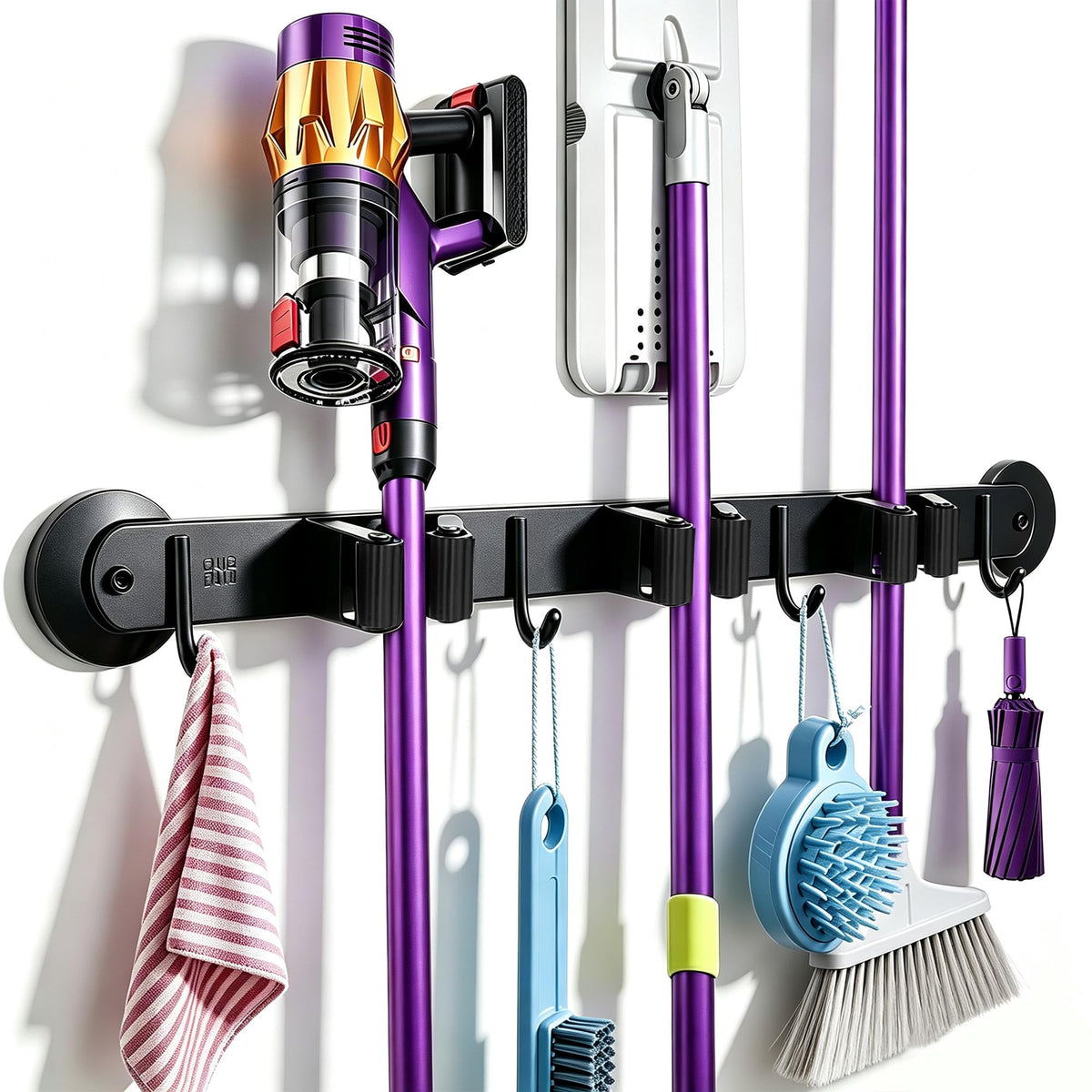 joaoxoko Magnetic Broom Holder Wall Mount  Heavy Duty NonSlip Mop Hanger with 4 Hooks And 3 Rack, No Drill Tool Organizer for 