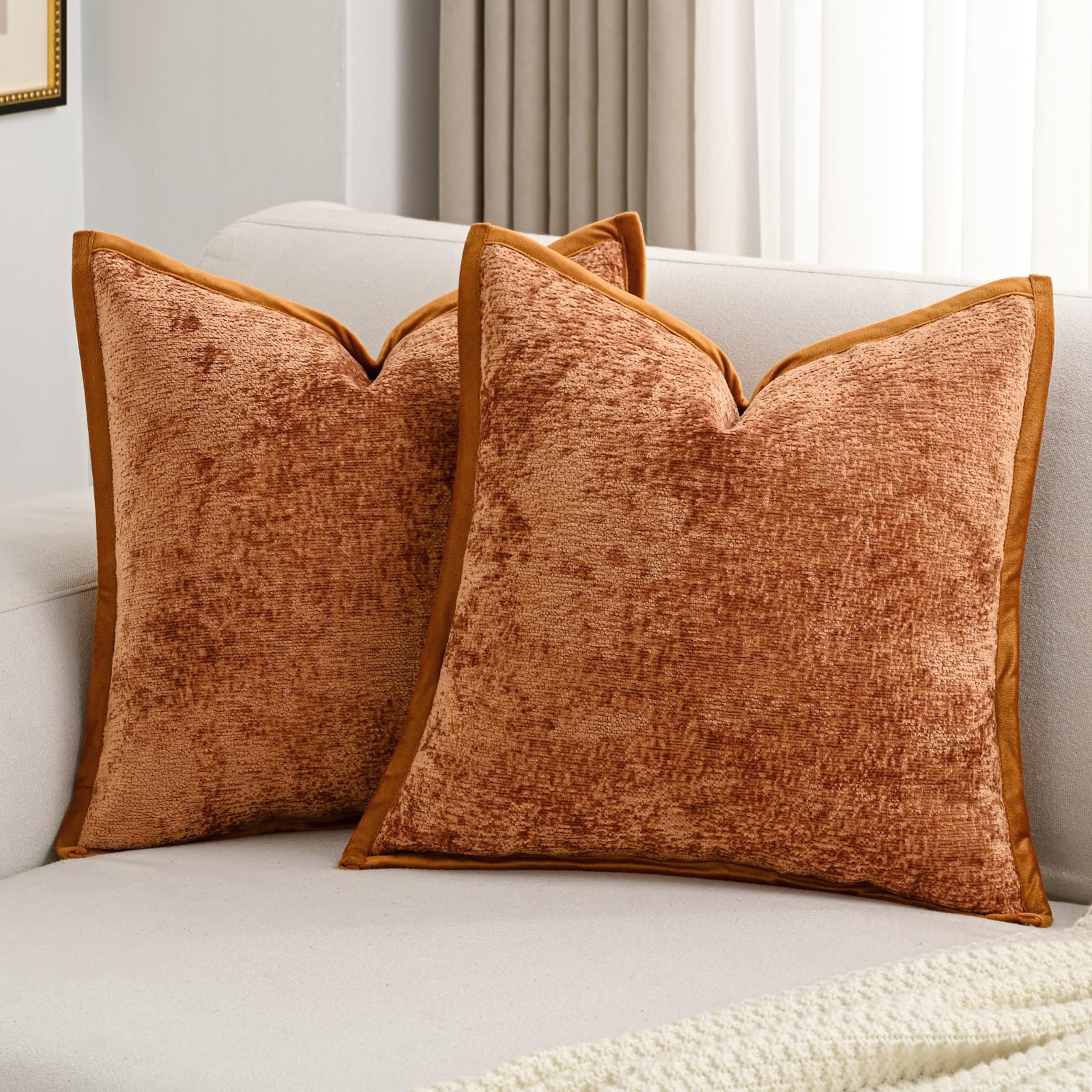 Futei Rust Chenille Throw Pillow Covers 26X26 Inch Set Of 2,Soft Velvet Euro Pillow Shams,Home Decor For Couch Bed Living Room
