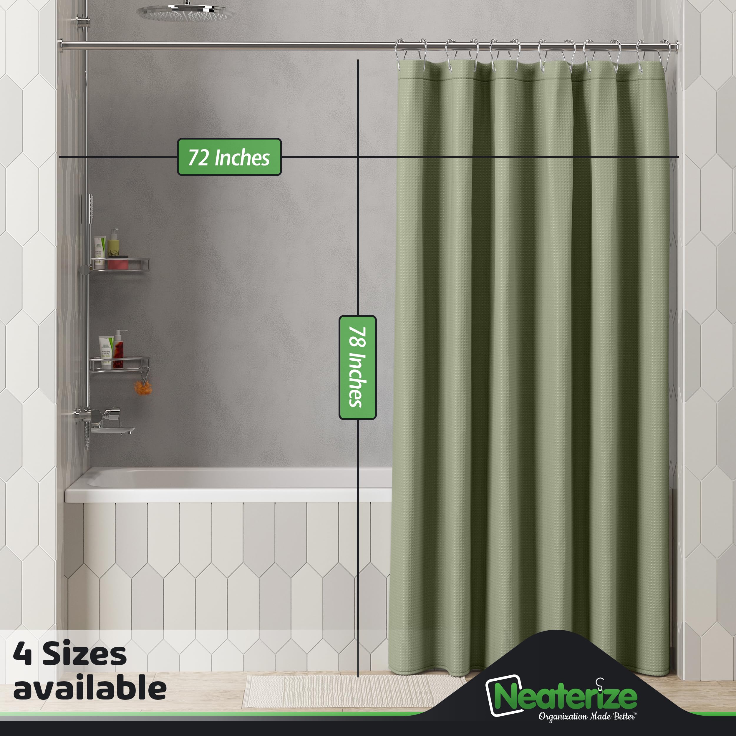Neaterize Shower Curtain Sage Green - Hotel Style Sage Green Shower Curtains For Bathroom With Waffle Design, 72X78 Inches - Fab
