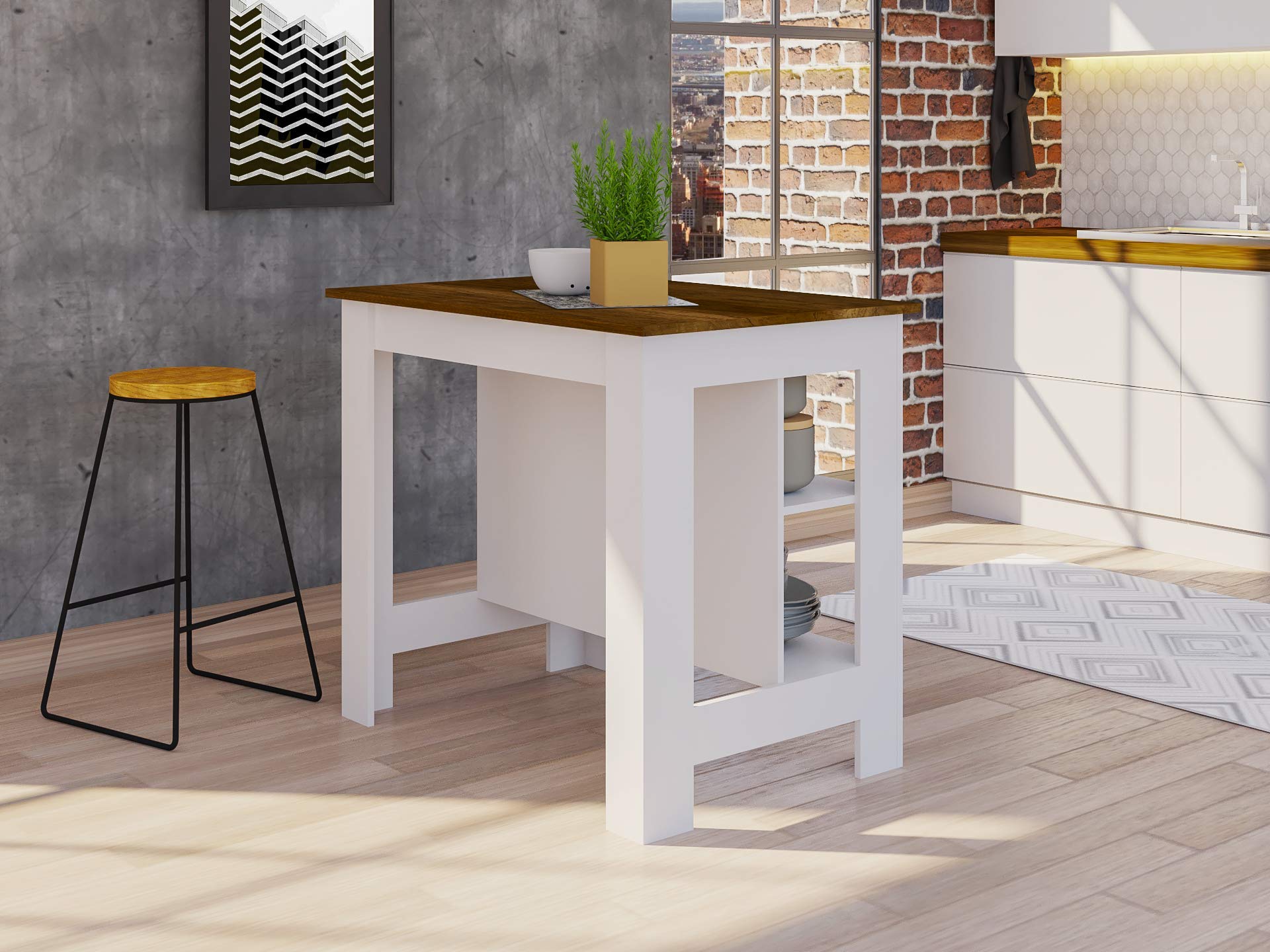 Kitchen Island, Kitchen Table 35&quot; H, 4 Legs, 3 Open Storage Shelves, White/Walnut