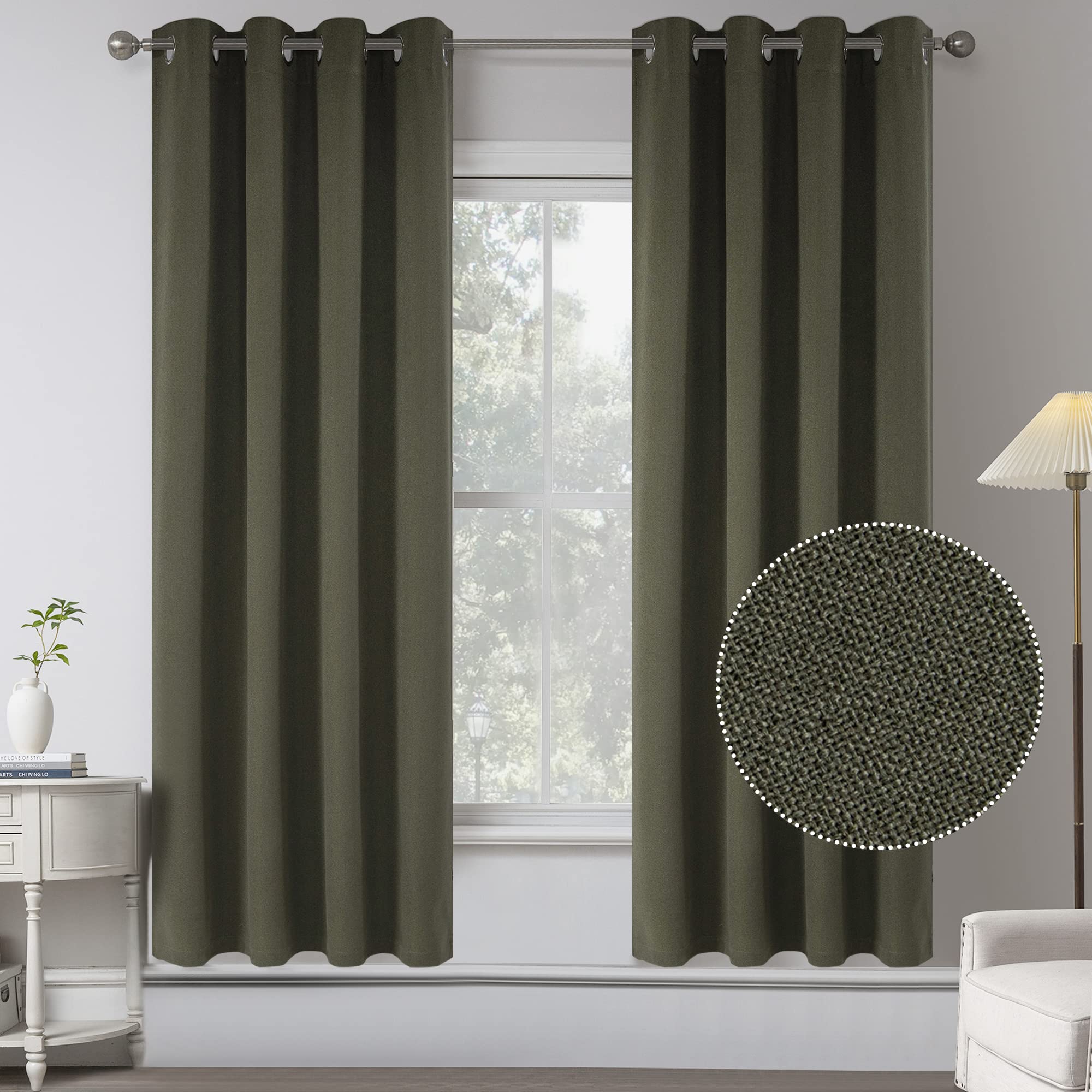 Olive Green Absolutely Blackout Faux Linen Textured Curtain Draperies For Bedroom - Energy Saving Thermal Insulated Anti-Rust Gr