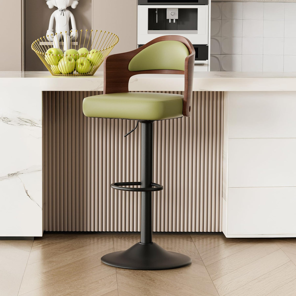 Daluvenix Swivel Bar Stools Set Of 1, Wooden Upholstered Pu Leather Barstools With Back & Footrest,Seat Adjustable Height 24.5-3