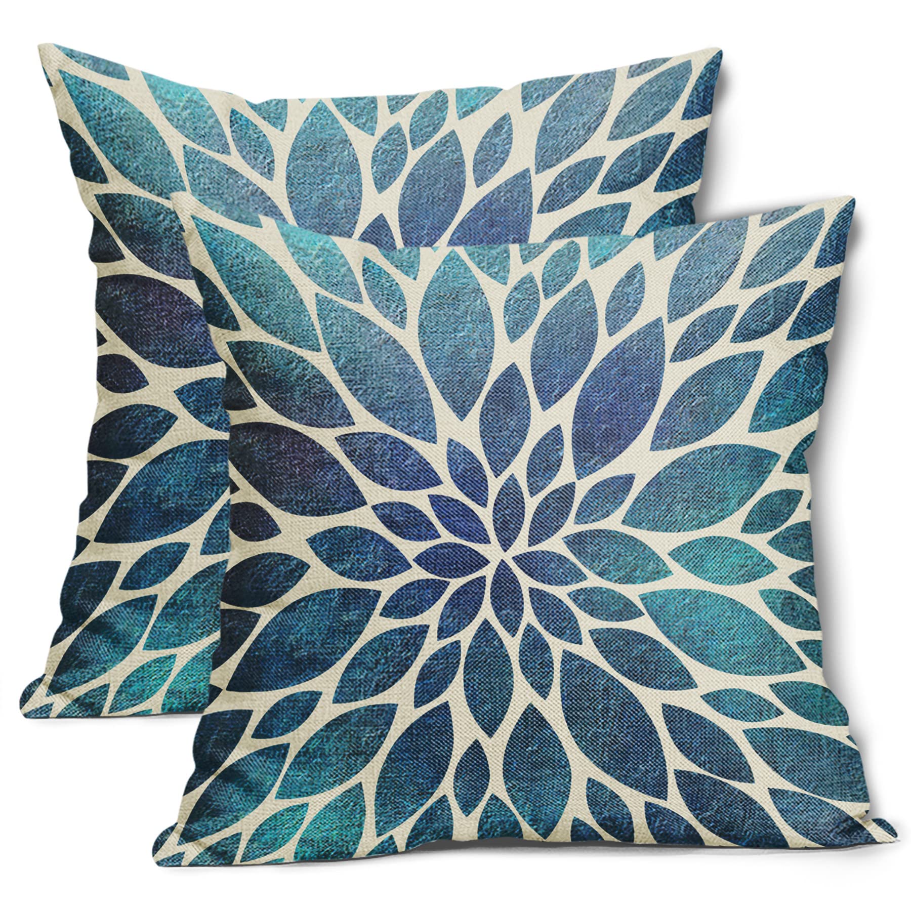 Navy Blue Teal Dahlia Pillow Covers 20X20 Inch Spring Summer Floral Couch Pillow Cases Modern Abstract Throw Pillows Set Of 2 Ho